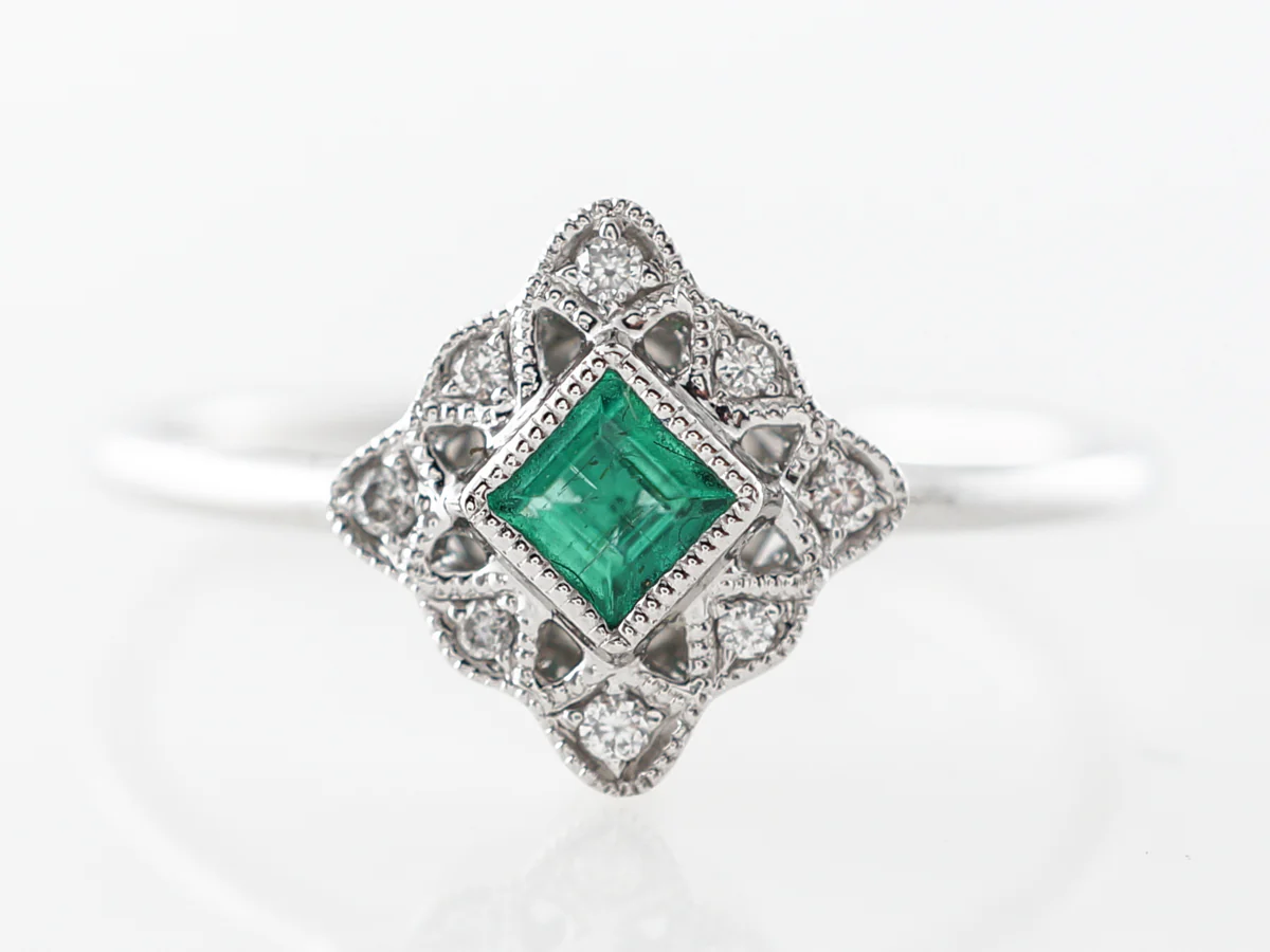 Antique Style Emerald & Diamond Ring in 14k White Gold
