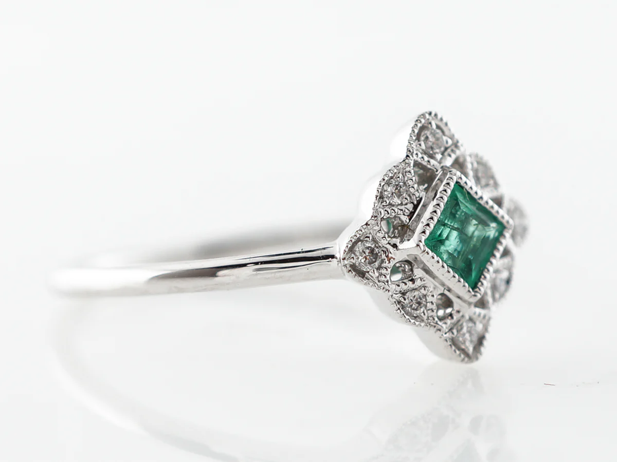 Antique Style Emerald & Diamond Ring in 14k White Gold - Image 3