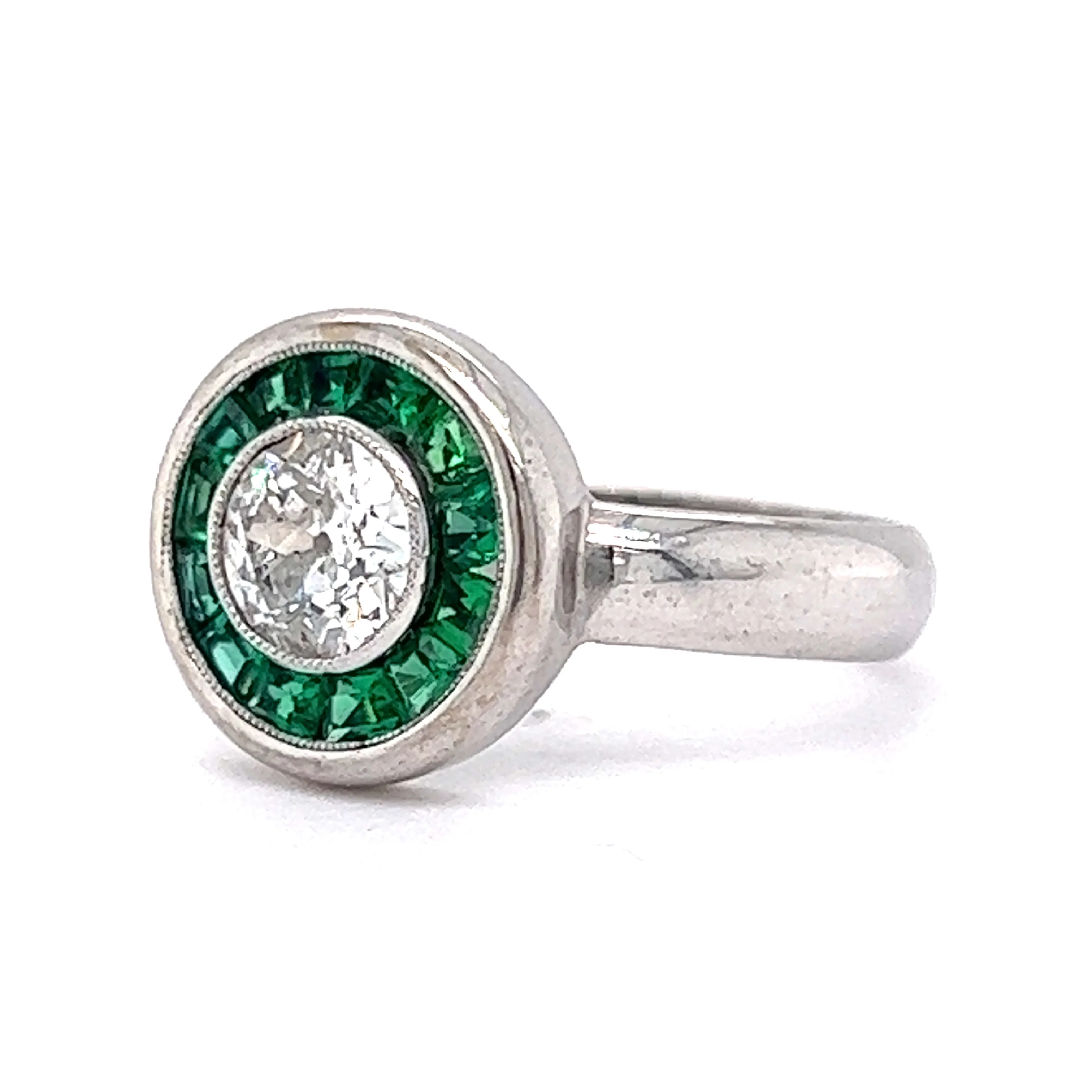 Old European Cut Diamond w/ Emerald Halo Cocktail Ring 18k White Gold - Image 2