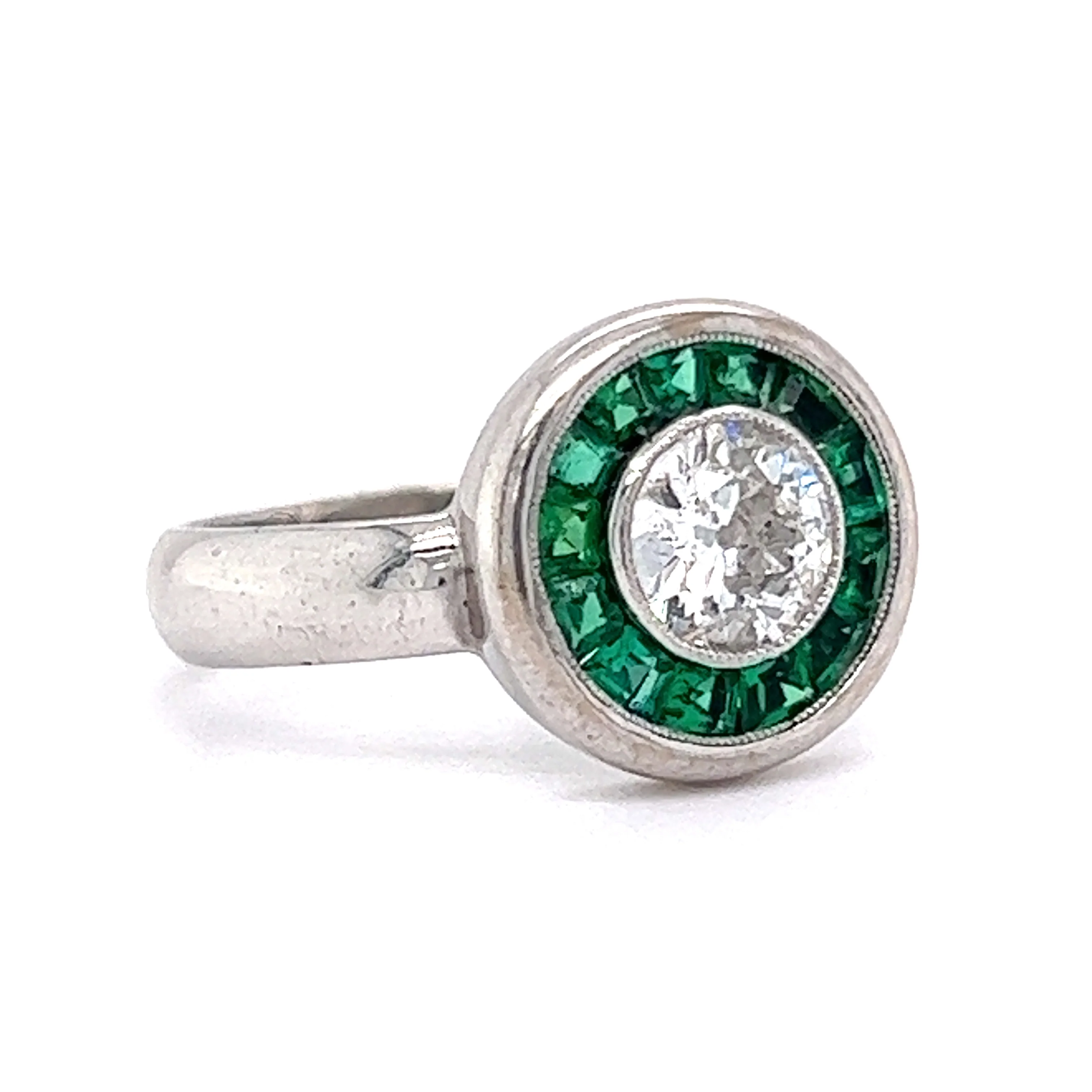 Old European Cut Diamond w/ Emerald Halo Cocktail Ring 18k White Gold - Image 3