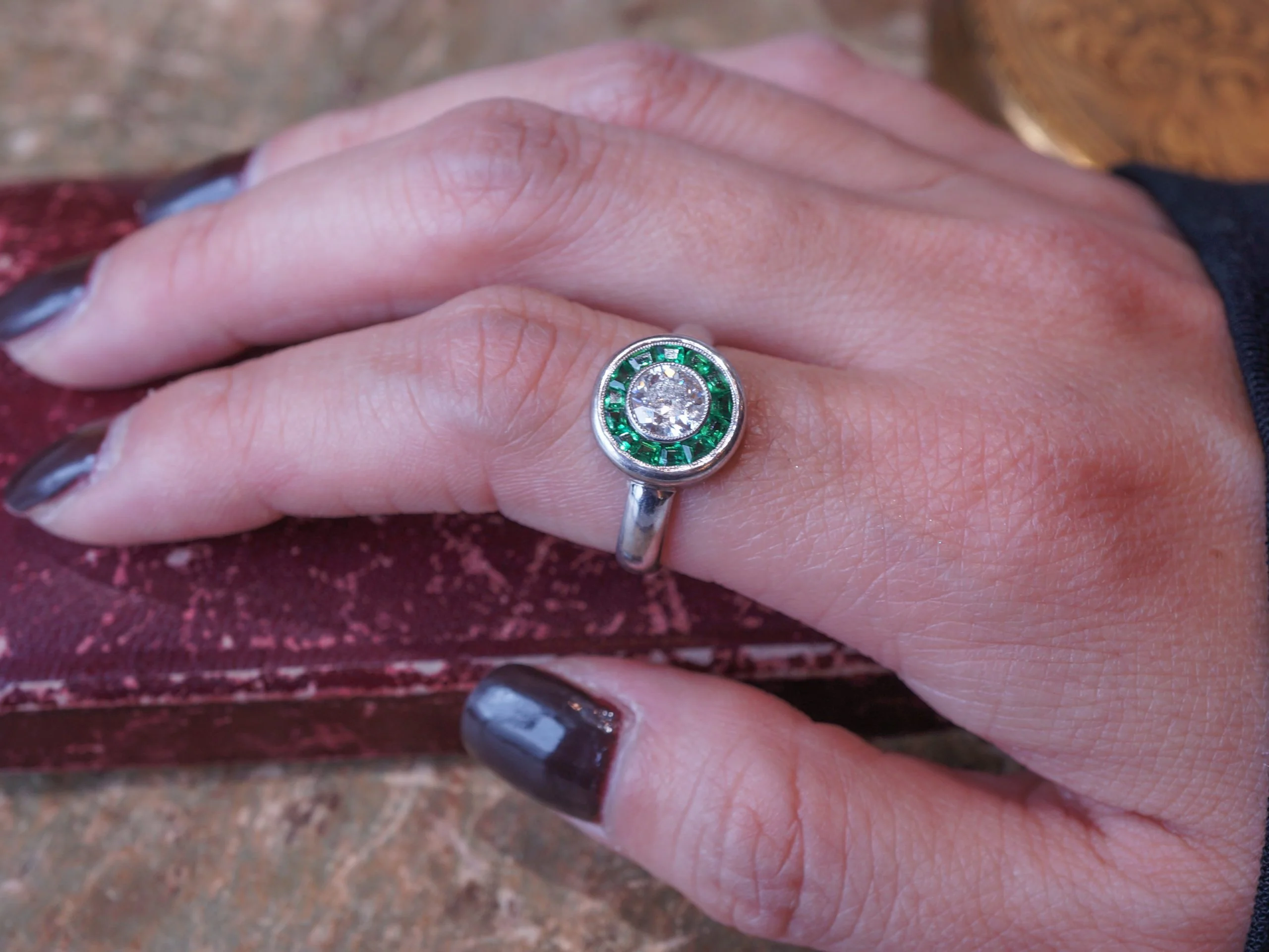 Old European Cut Diamond w/ Emerald Halo Cocktail Ring 18k White Gold - Image 6