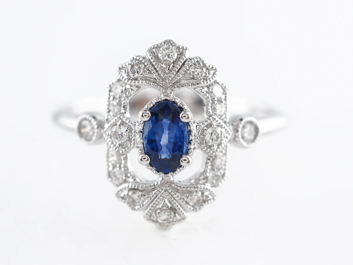 Antique Style Oval Sapphire & Diamond Ring in 18k