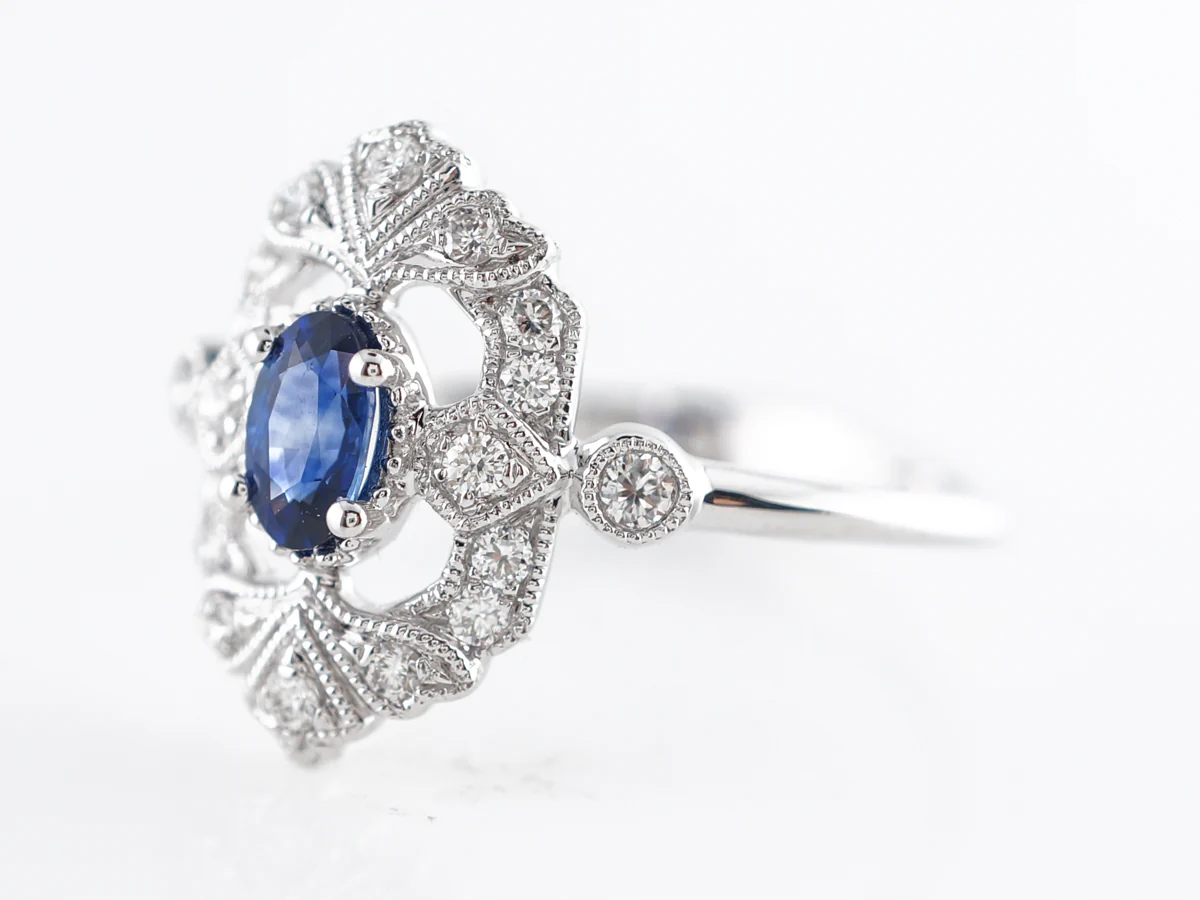 Antique Style Oval Sapphire & Diamond Ring in 18k - Image 2