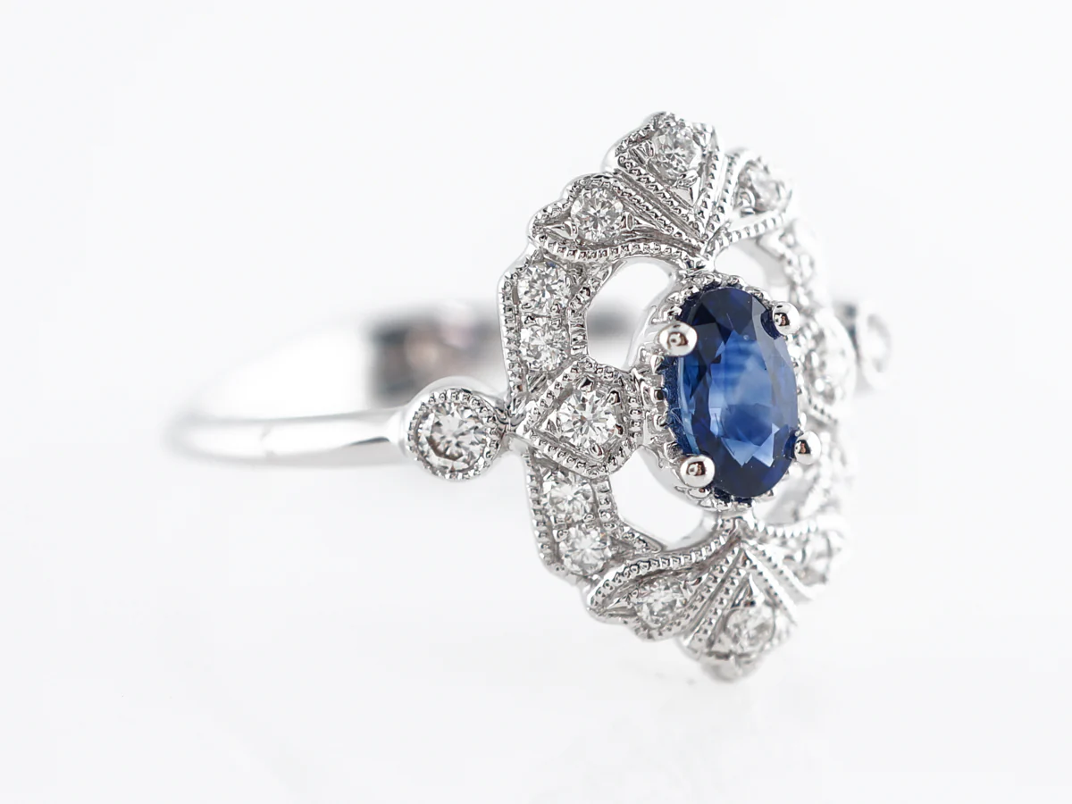 Antique Style Oval Sapphire & Diamond Ring in 18k - Image 3