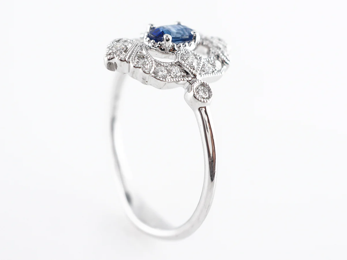 Antique Style Oval Sapphire & Diamond Ring in 18k - Image 4