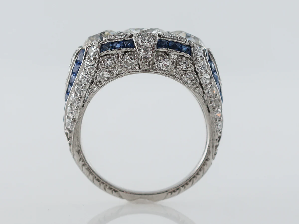 Antique Three Stone Diamond & Sapphire Ring in Platinum - Image 5