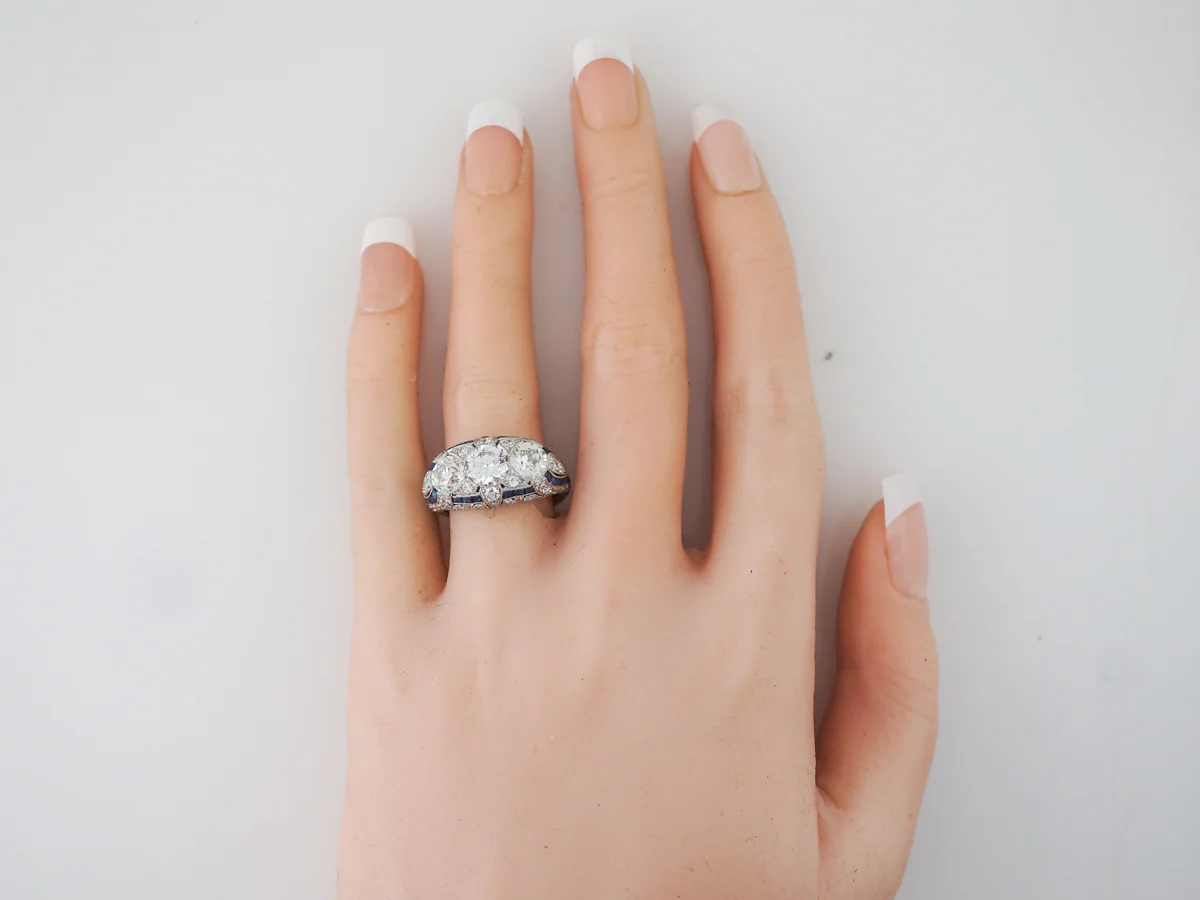 Antique Three Stone Diamond & Sapphire Ring in Platinum - Image 6