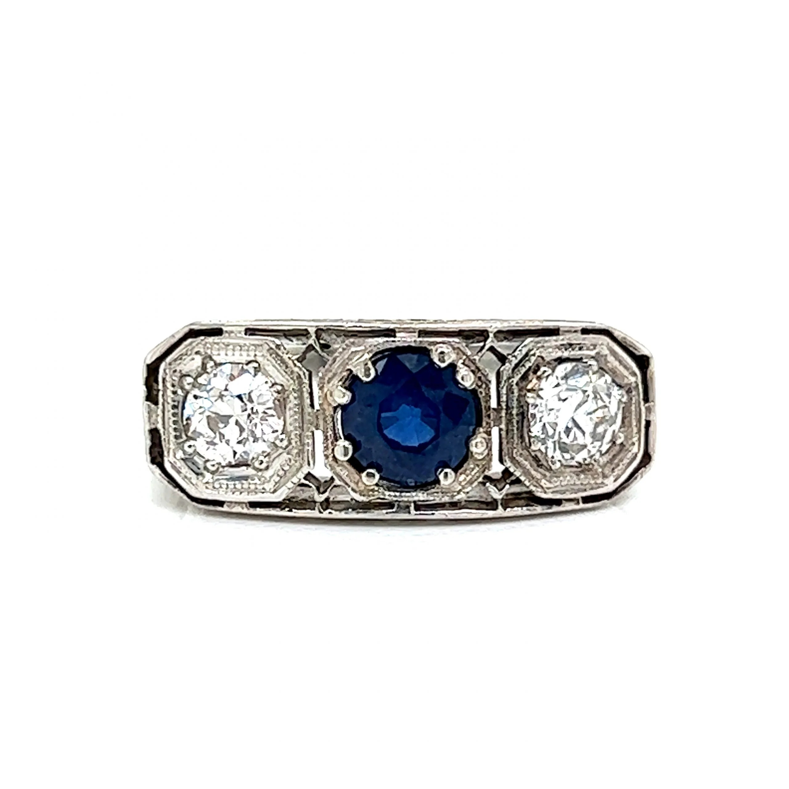 Antique Three Stone Sapphire & Diamond Engagement Ring in 18k