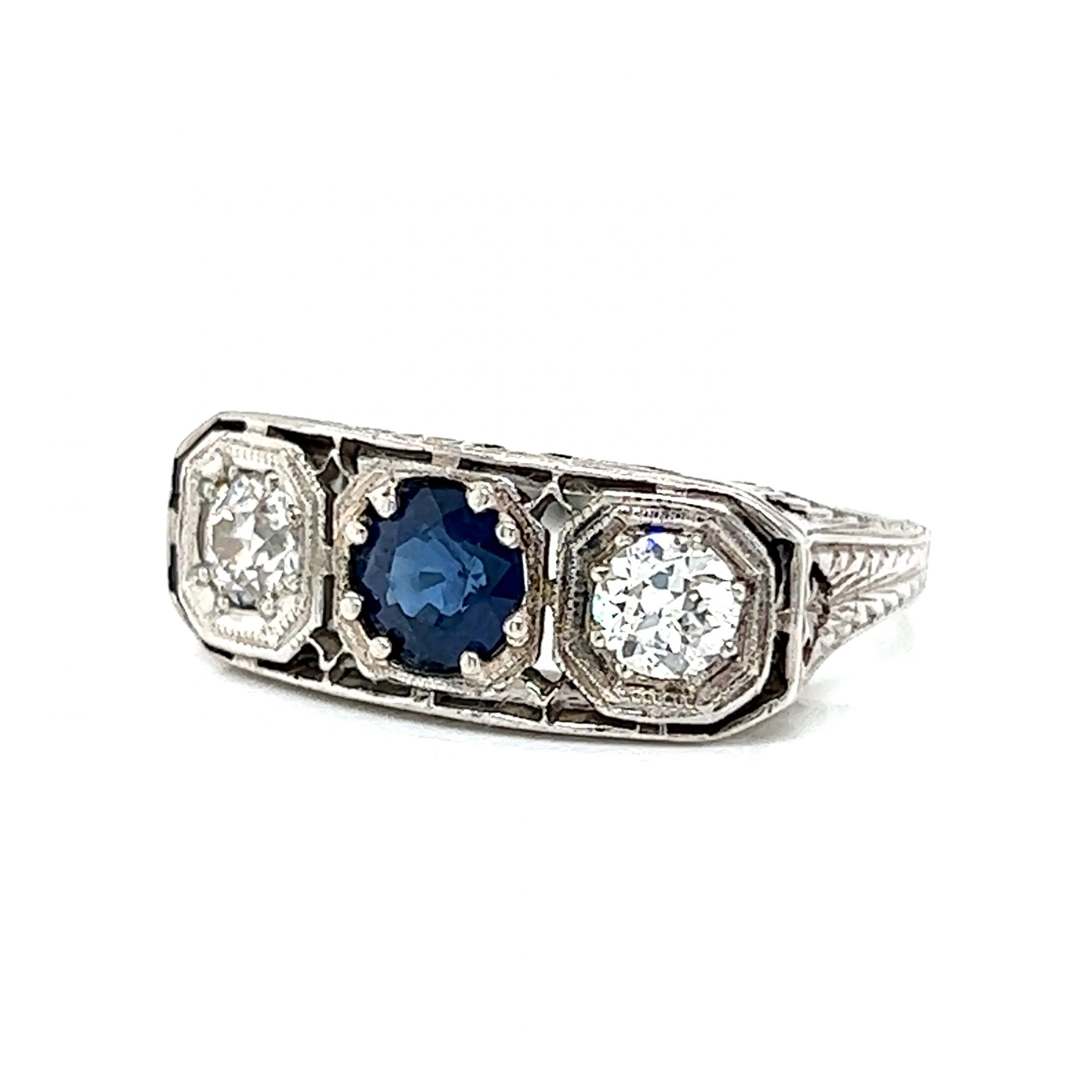Antique Three Stone Sapphire & Diamond Engagement Ring in 18k - Image 2