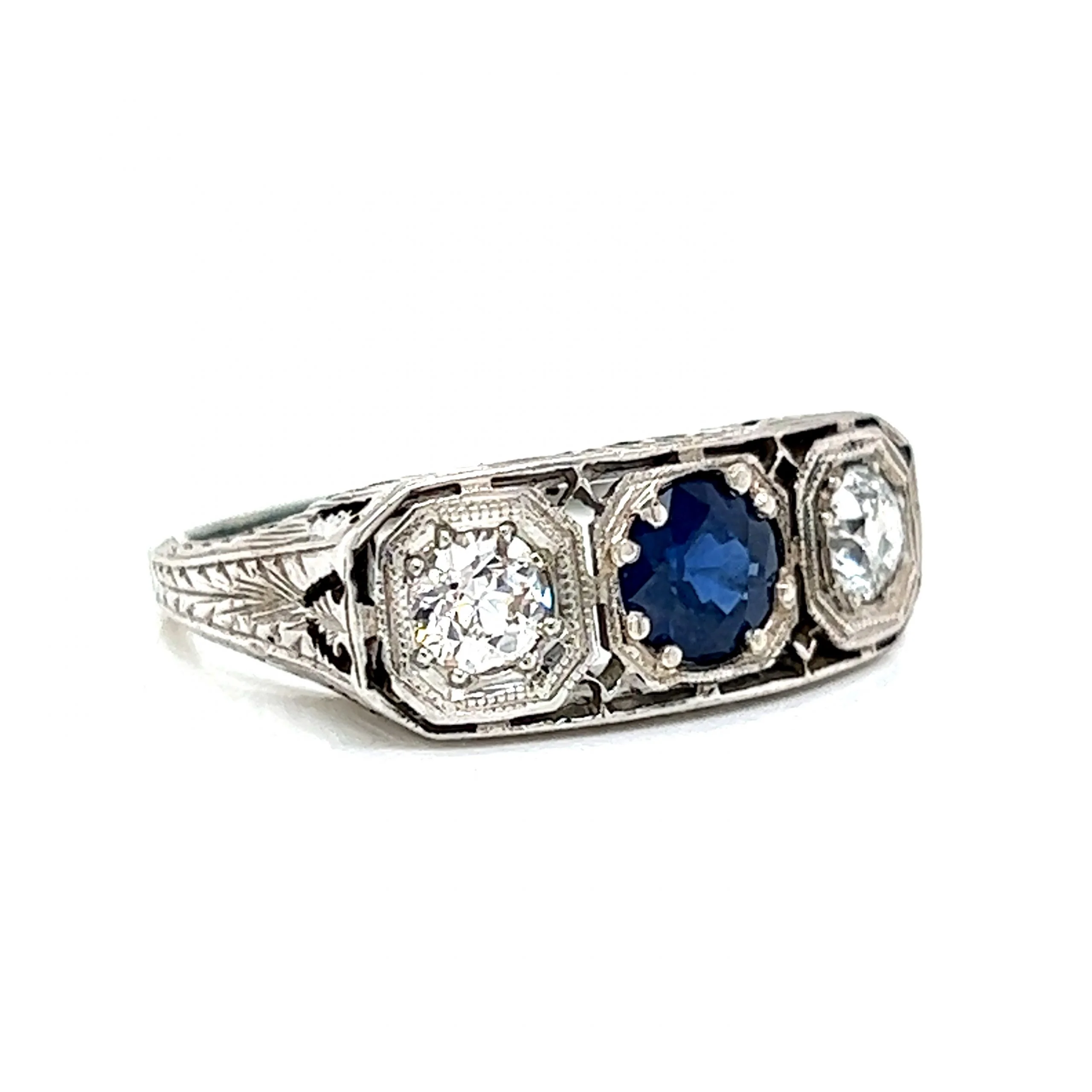 Antique Three Stone Sapphire & Diamond Engagement Ring in 18k - Image 3