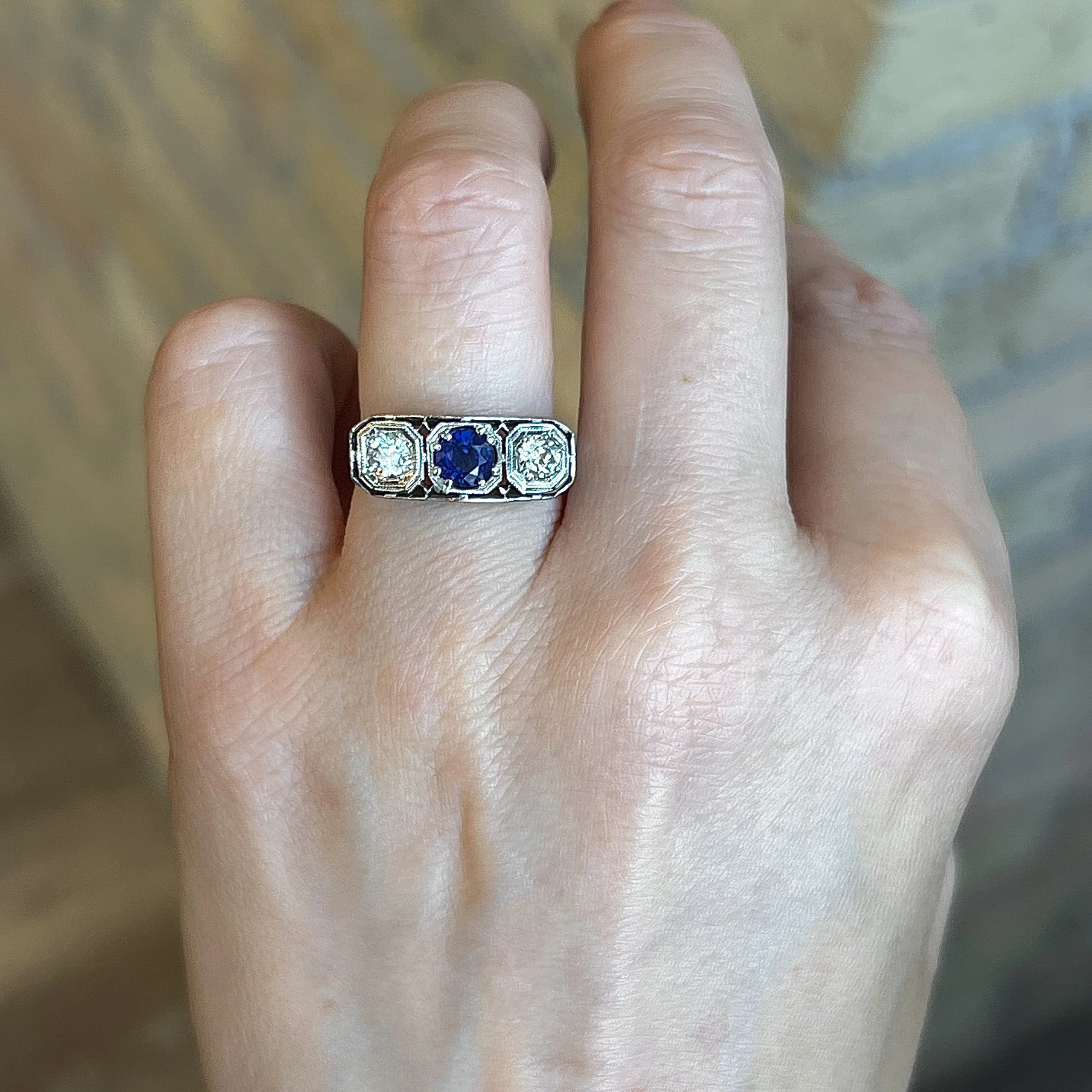 Antique Three Stone Sapphire & Diamond Engagement Ring in 18k - Image 6