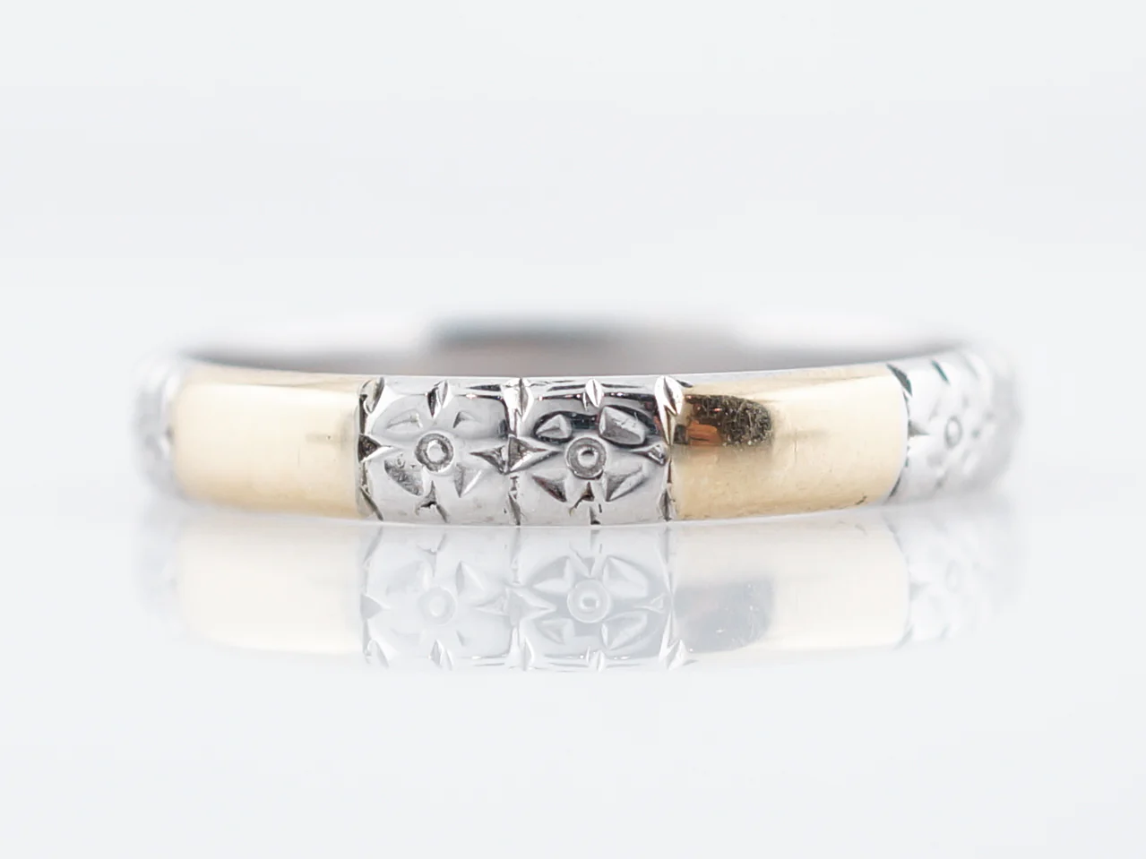 Antique Two-Tone Men's Wedding Band Retro Orange Blossom in 14k White & Yellow Gold - Image 2