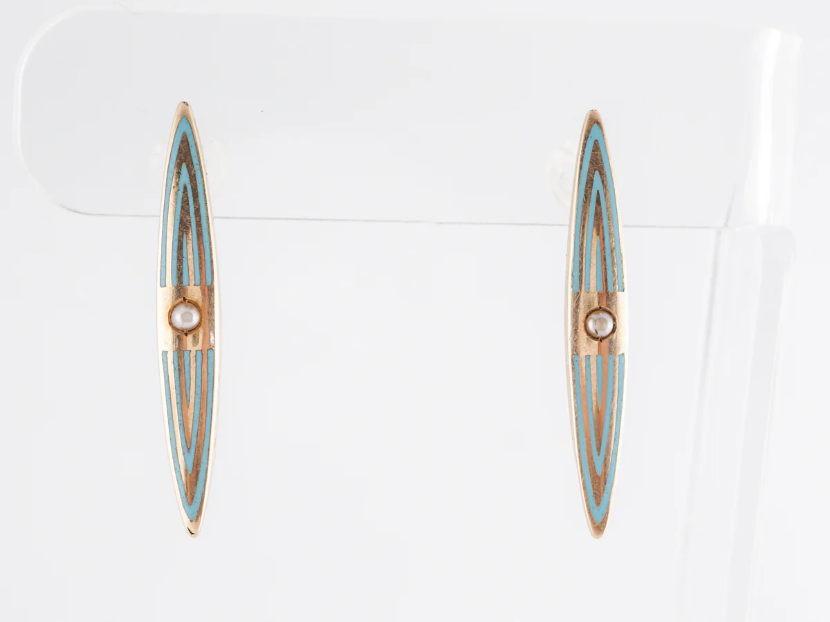 Antique Victorian Enamel Earrings w/ Pearls in 14k Yellow Gold