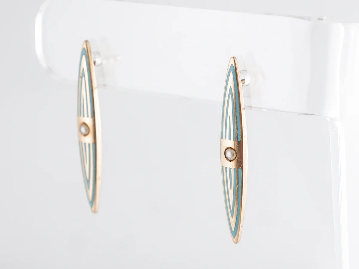 Antique Victorian Enamel Earrings w/ Pearls in 14k Yellow Gold - Image 2