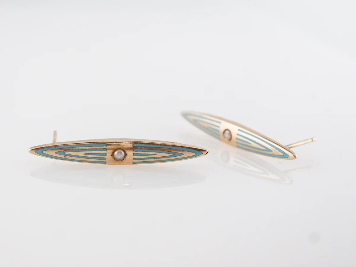 Antique Victorian Enamel Earrings w/ Pearls in 14k Yellow Gold - Image 4