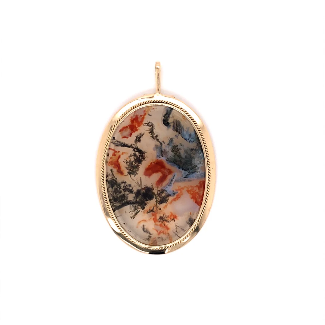 Antique Victorian Moss Agate Pendant in 14k Yellow Gold