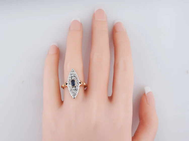 Antique Victorian Navette Ring 1.54cttw Old Mine Cut Diamonds in 18k Yellow Gold & Silver - Image 7