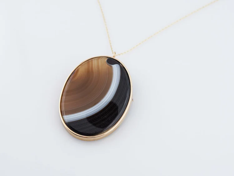 Antique Victorian Necklace w Large Oval Agate in 14k Yellow Gold - Image 3