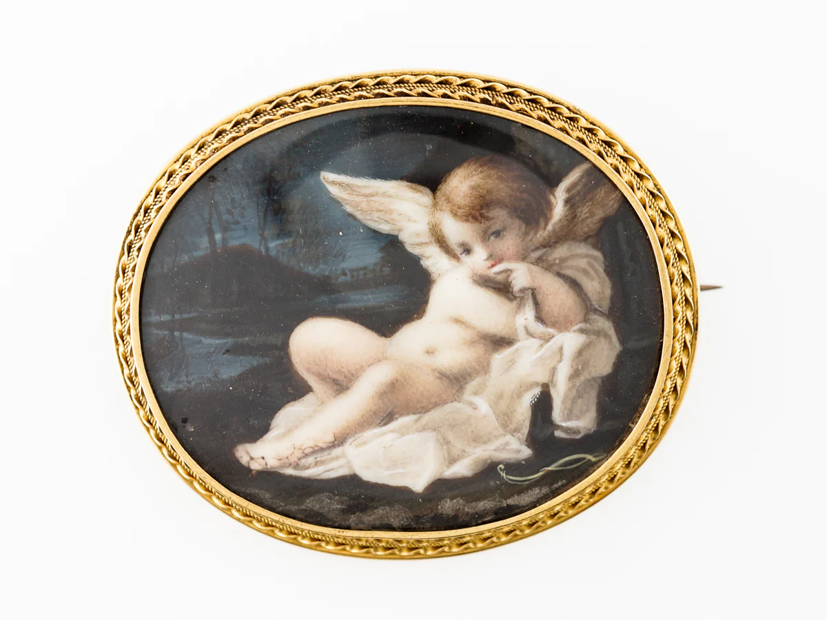 Antique Victorian Painted Cherub Brooch in 18k Yellow Gold
