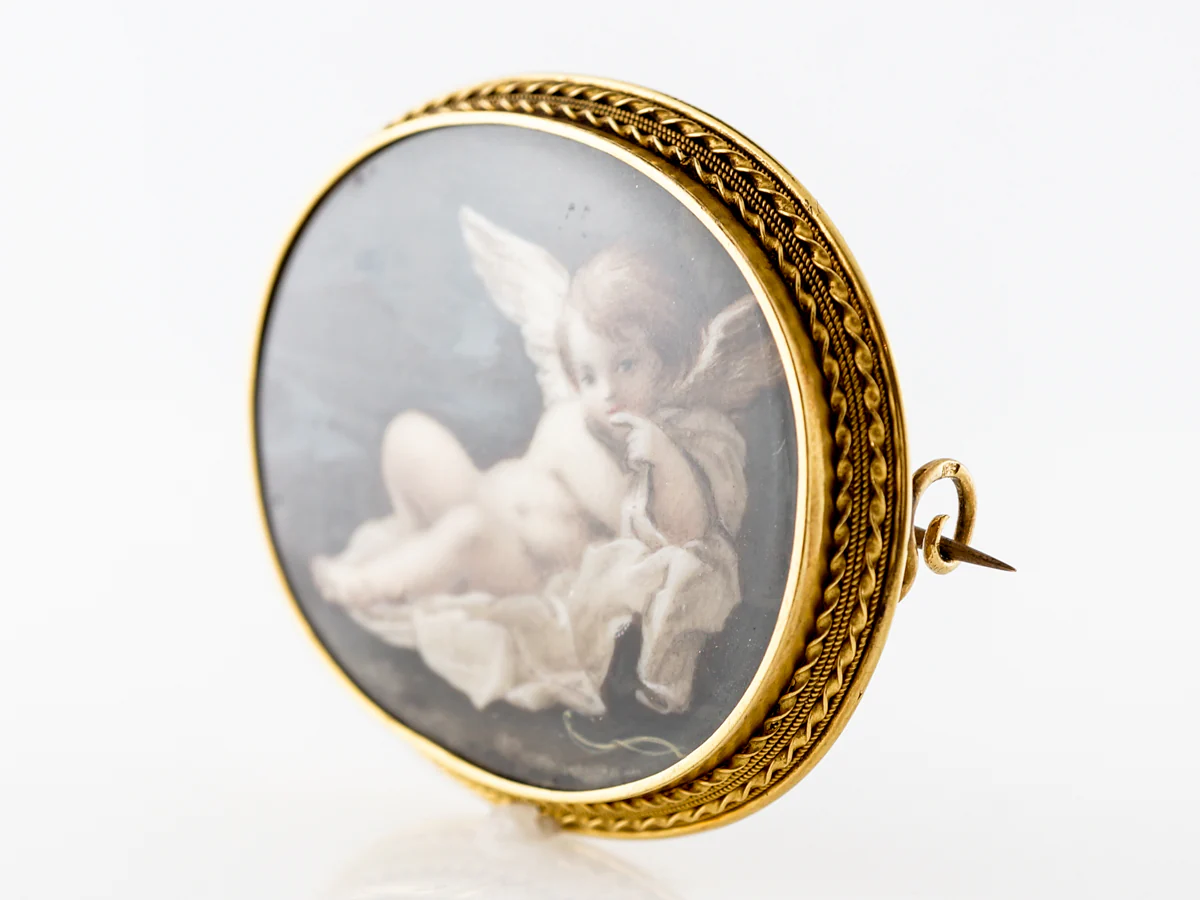 Antique Victorian Painted Cherub Brooch in 18k Yellow Gold - Image 3