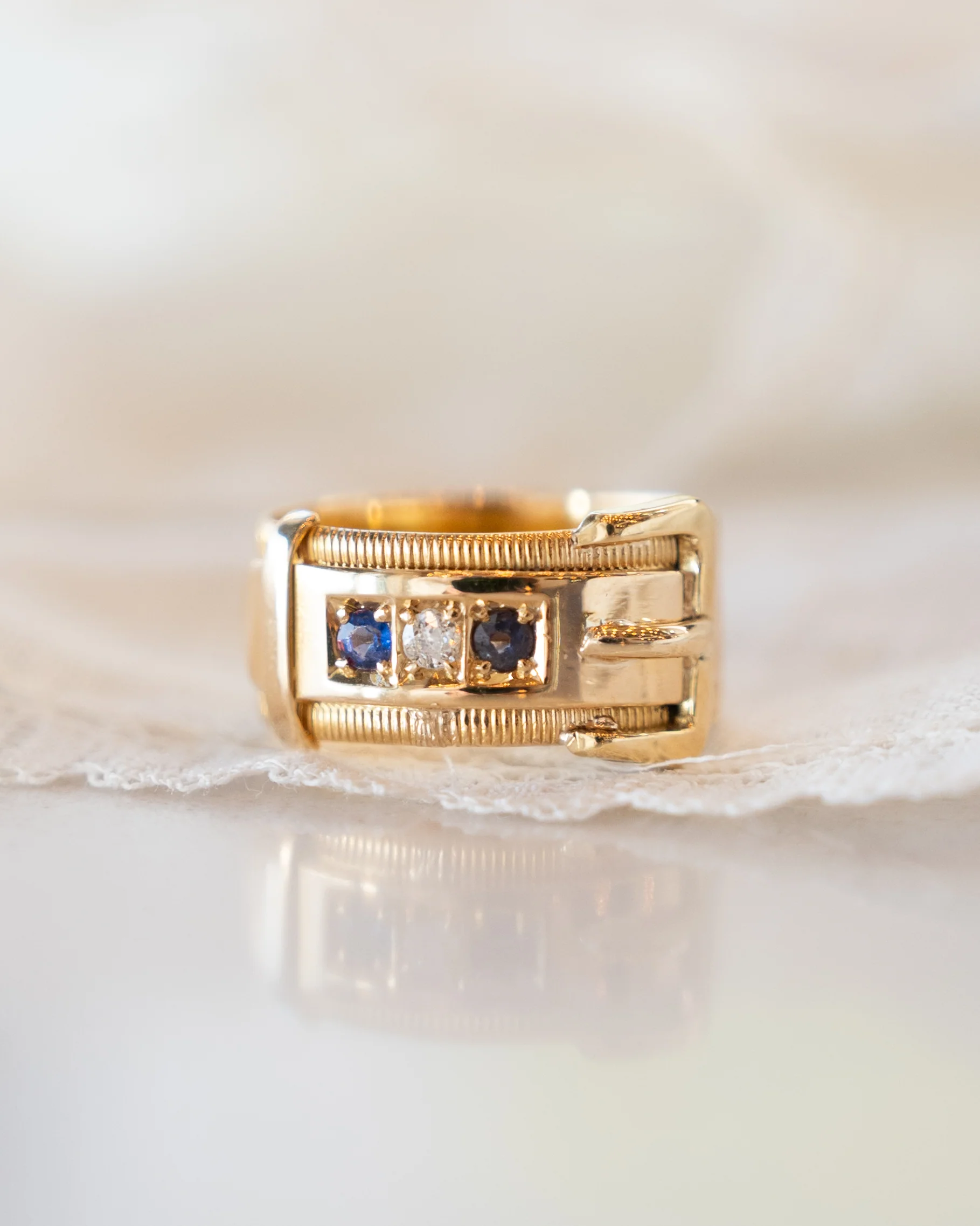 Antique Victorian Sapphire & Diamond Buckle Ring 18k - Image 6