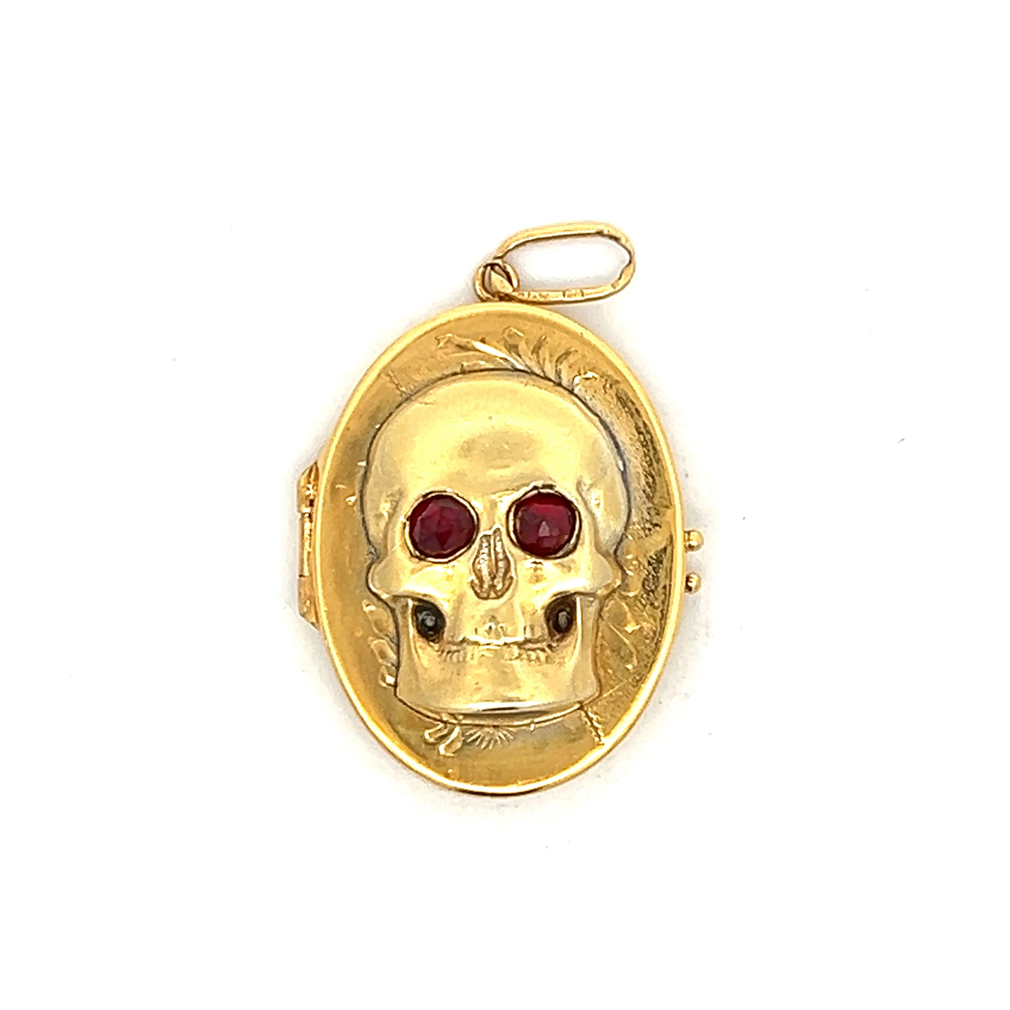 Antique Victorian Skull Locket Garnet Eyes in 14k