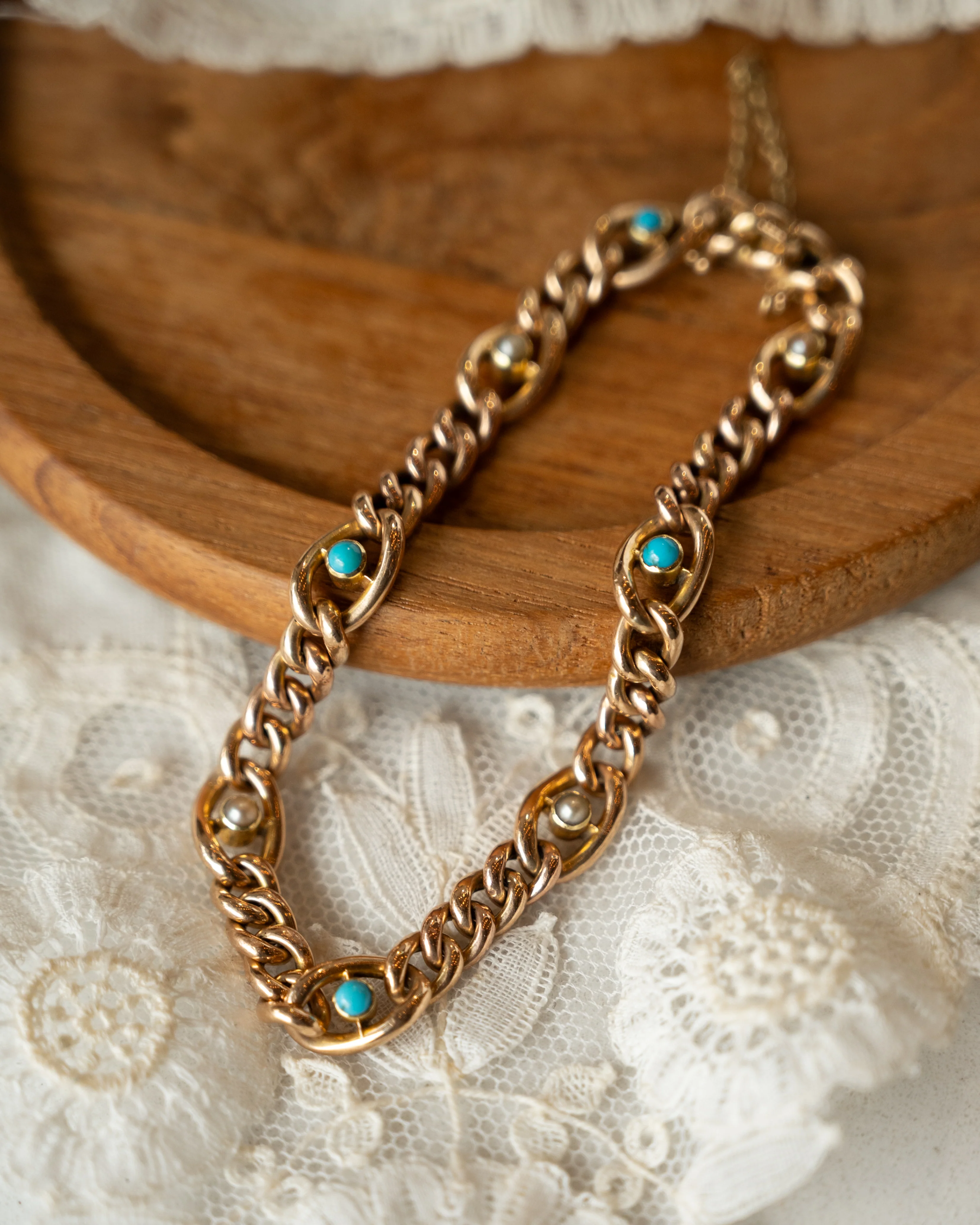 Antique Victorian Turquoise & Pearl Bracelet 18k Rose Gold - Image 5
