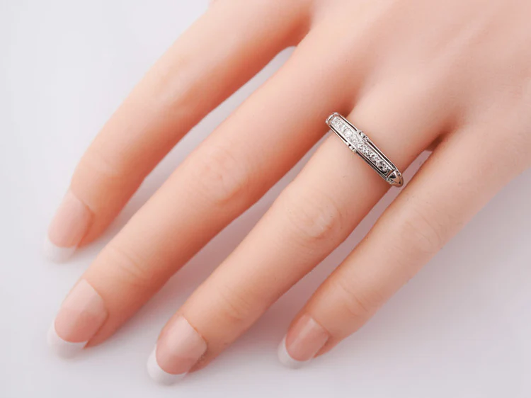 Antique Wedding Band Art Deco .15 cttw Single Cut Diamonds in Vintage Platinum - Image 6