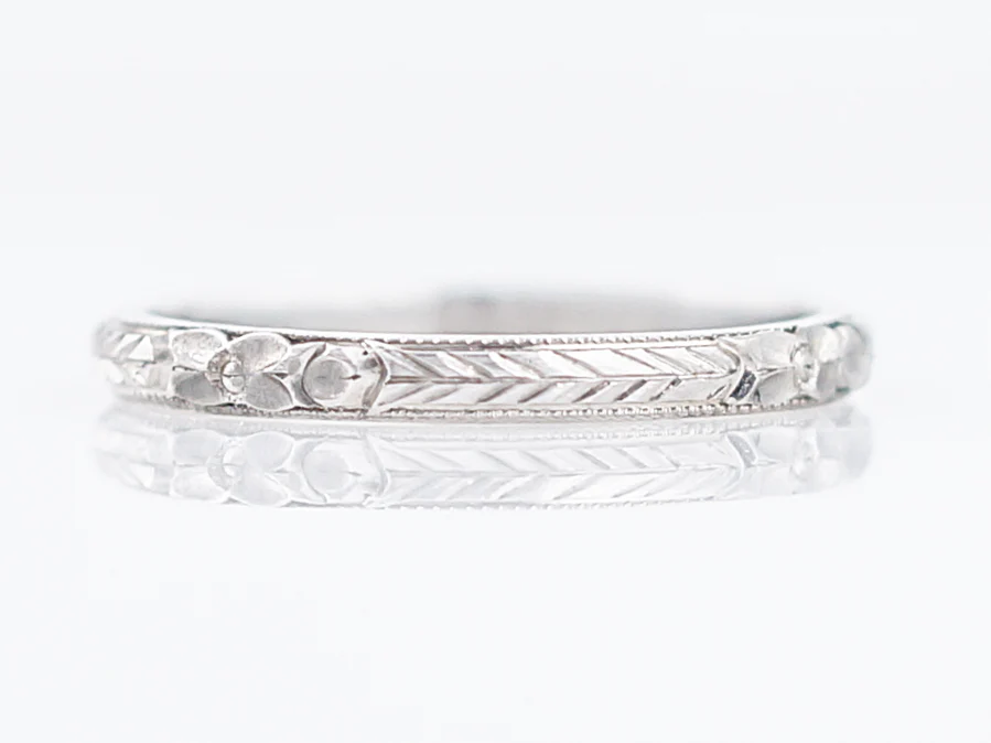 Antique Wedding Band Art Deco Chevron & Orange Blossom in 18k White Gold - Image 2