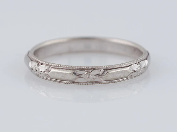 Antique Wedding Band Art Deco Floral Engraved in 14k White Gold