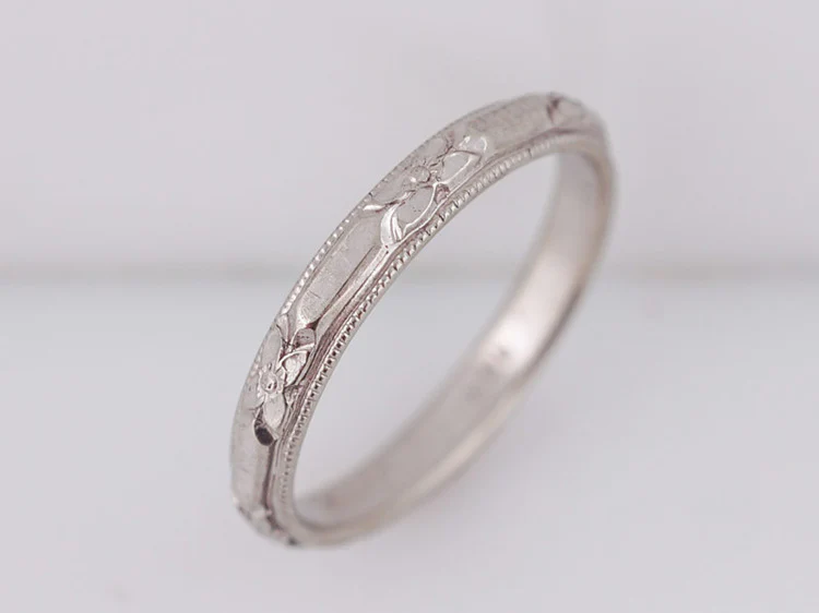 Antique Wedding Band Art Deco Floral Engraved in 14k White Gold - Image 2