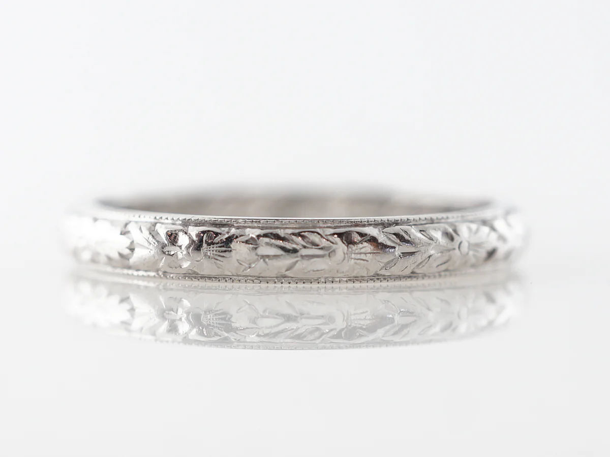 Antique Wedding Band w/ Engraving in 18k White Gold