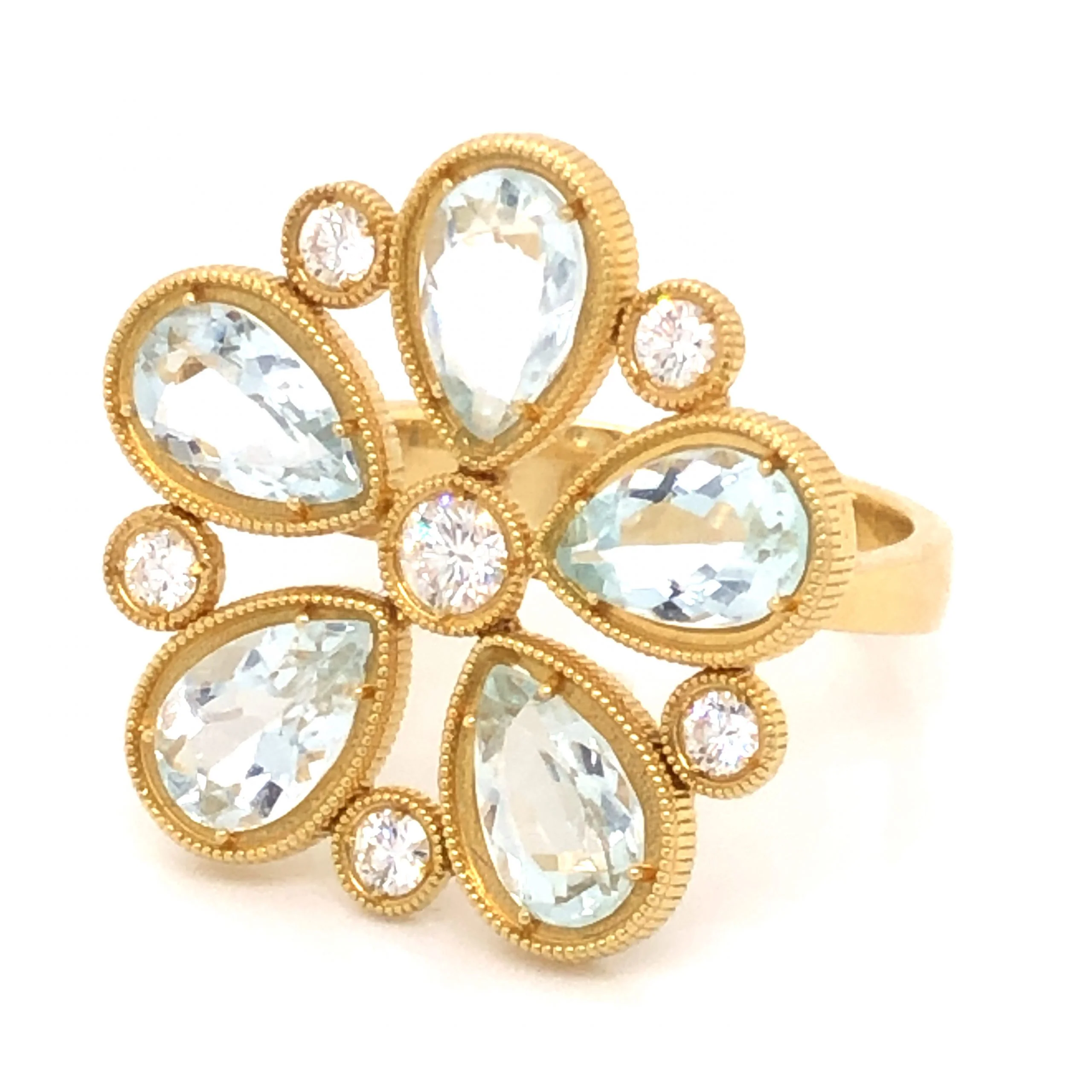 Aquamarine & Diamond Flower Cocktail Ring in 18K Yellow Gold - Image 2