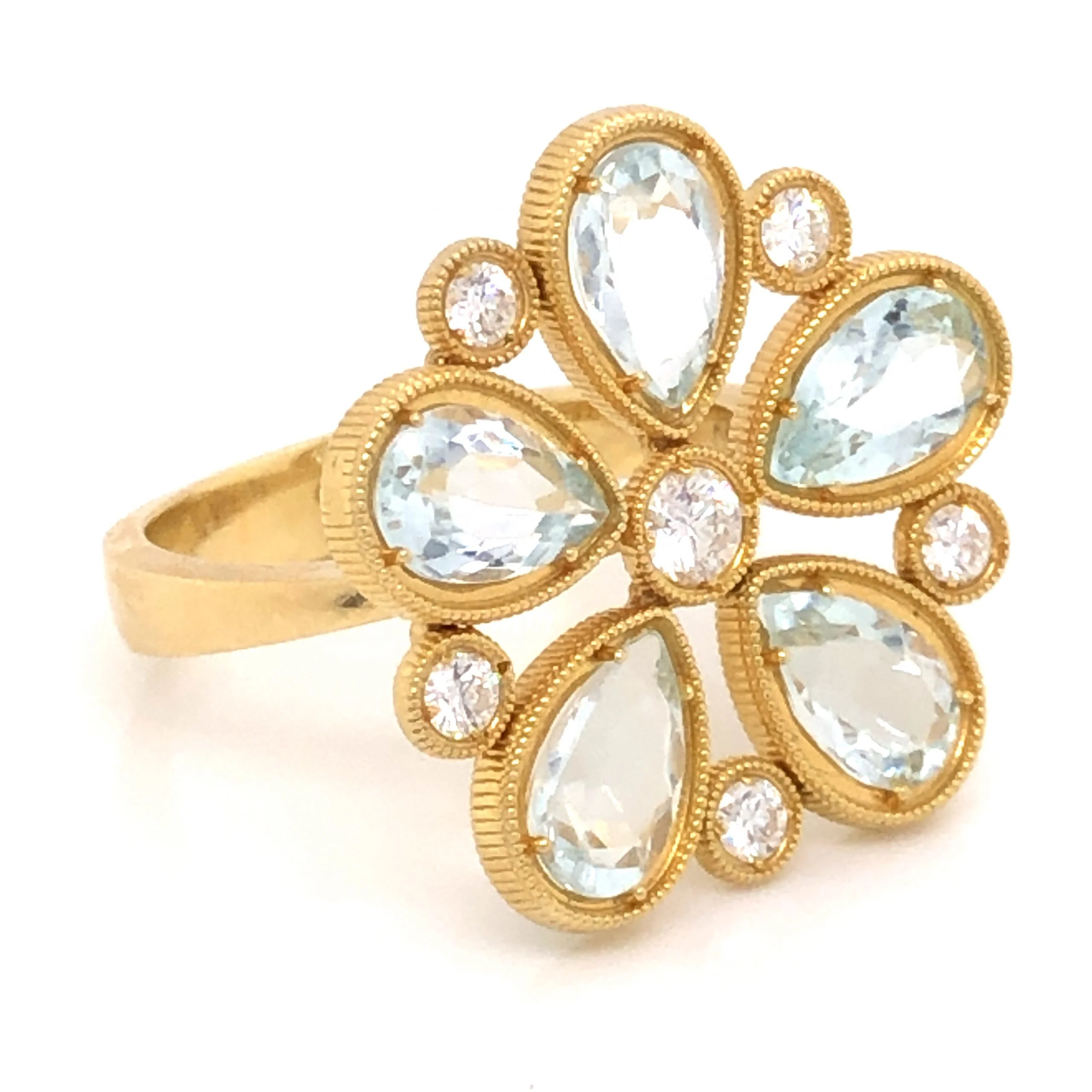 Aquamarine & Diamond Flower Cocktail Ring in 18K Yellow Gold - Image 3