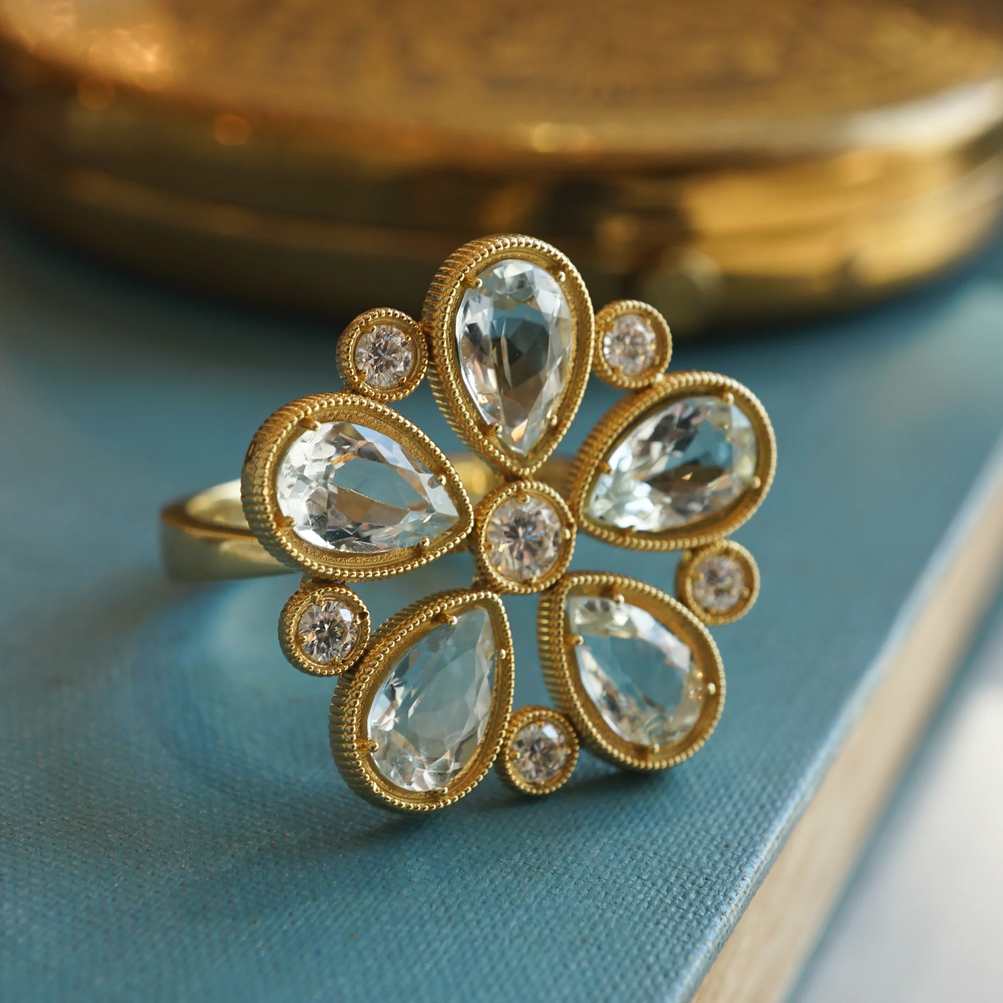 Aquamarine & Diamond Flower Cocktail Ring in 18K Yellow Gold - Image 5