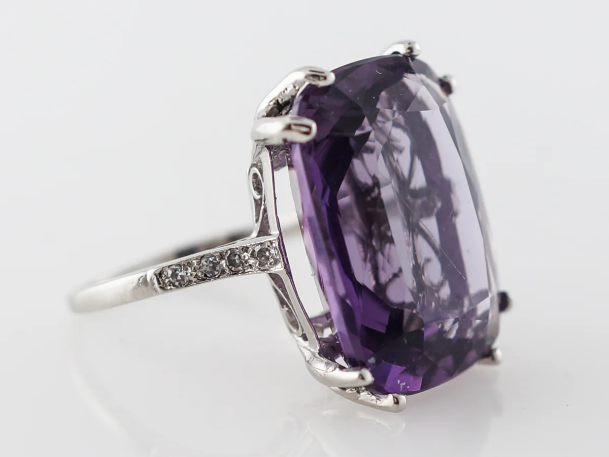 Art Deco Amethyst & Diamond Ring in Vintage Platinum - Image 3