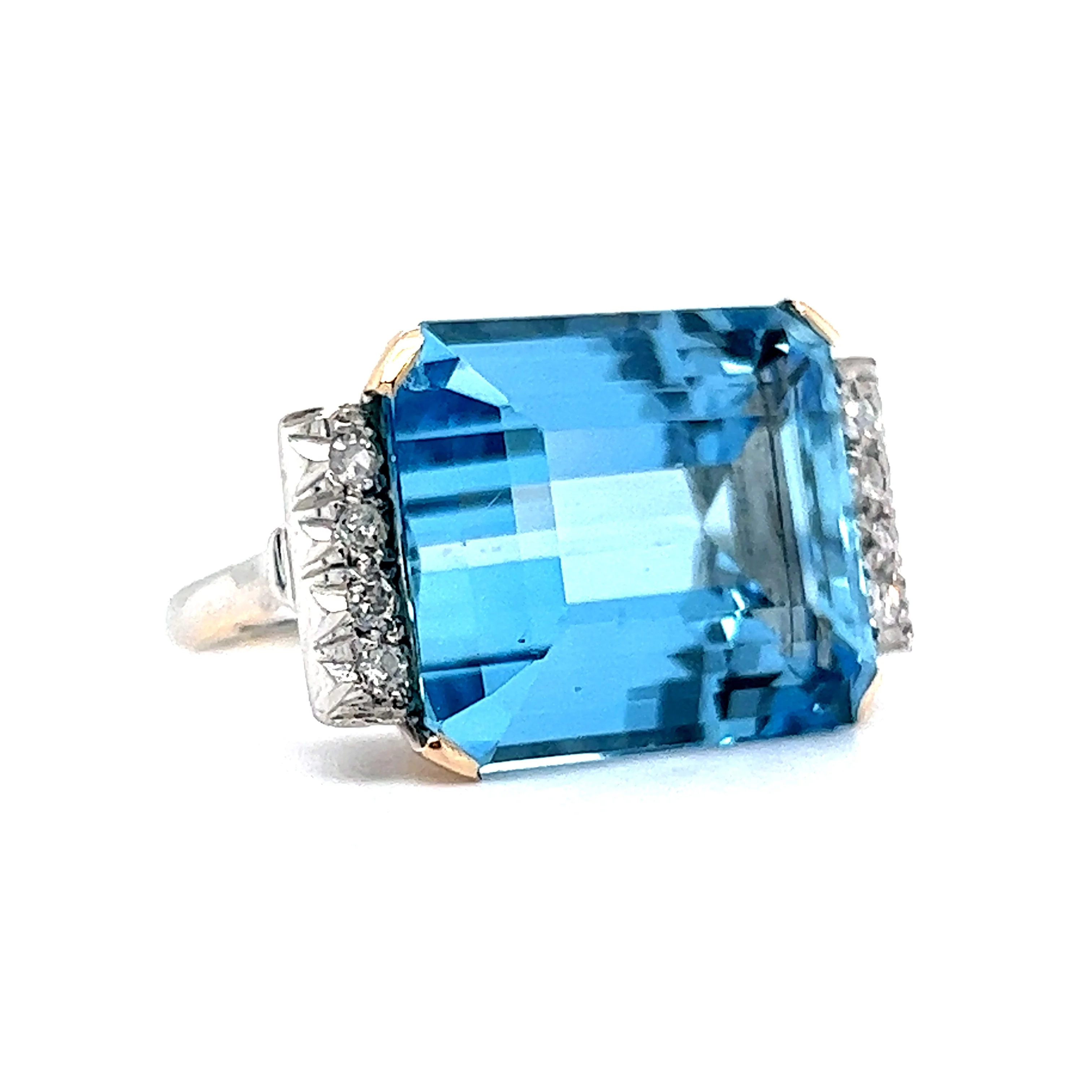 Art Deco Aquamarine Cocktail Ring w/ Diamonds in Platinum & 14k - Image 3