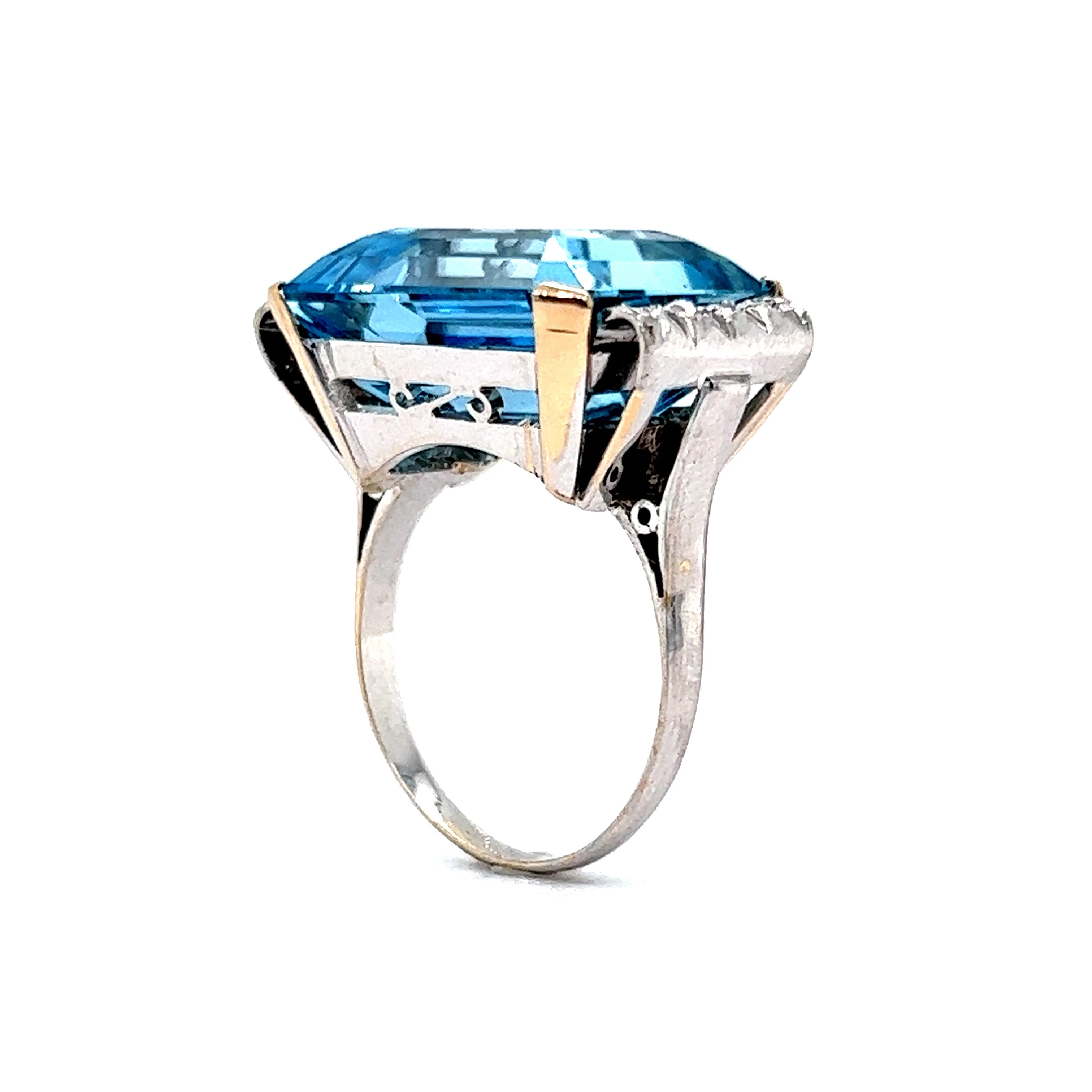 Art Deco Aquamarine Cocktail Ring w/ Diamonds in Platinum & 14k - Image 5