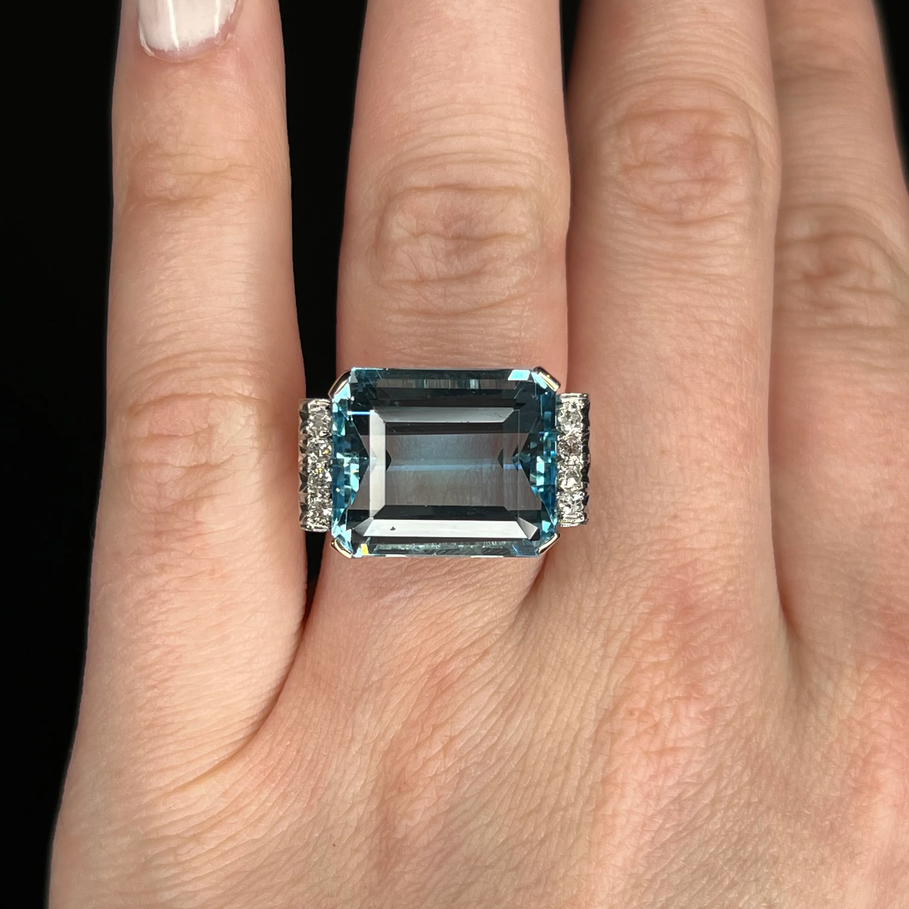 Art Deco Aquamarine Cocktail Ring w/ Diamonds in Platinum & 14k - Image 6