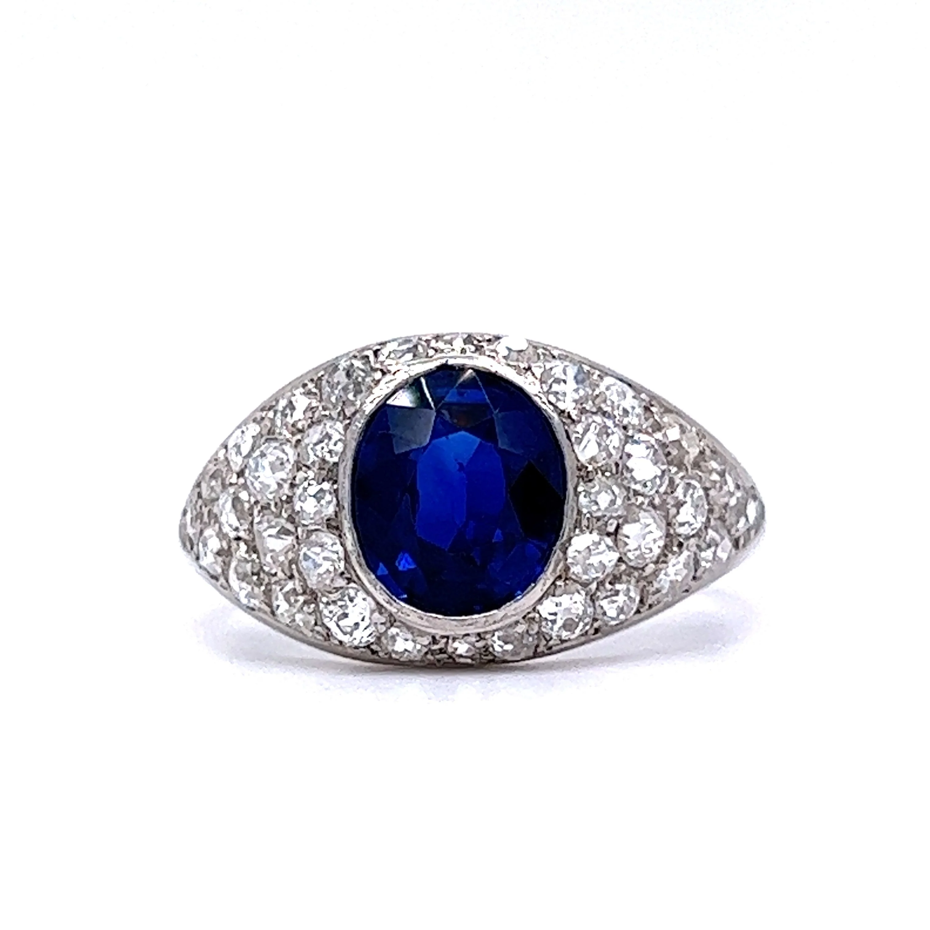 Art Deco Bezel Set Sapphire & Diamond Engagement Ring in Platinum