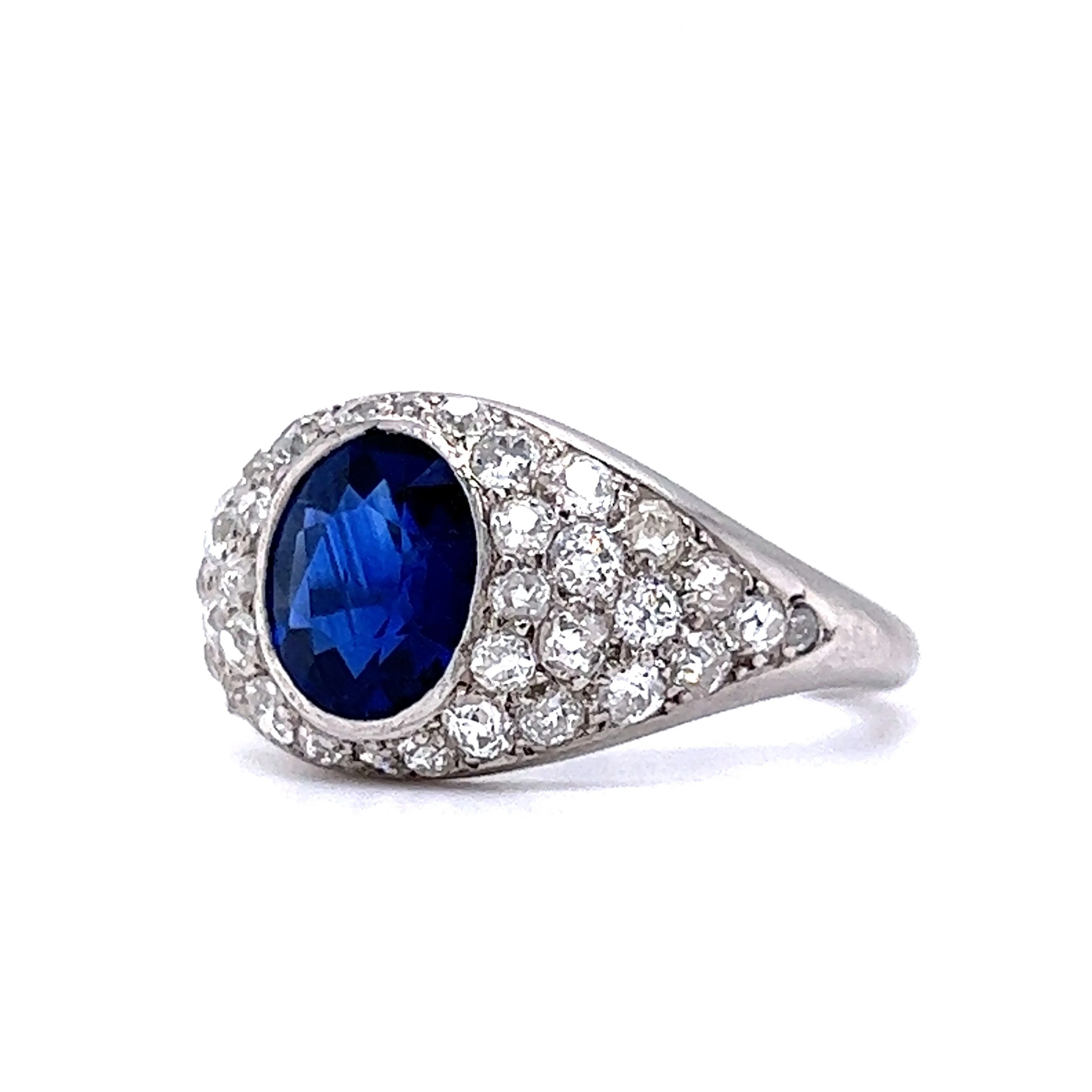 Art Deco Bezel Set Sapphire & Diamond Engagement Ring in Platinum - Image 2