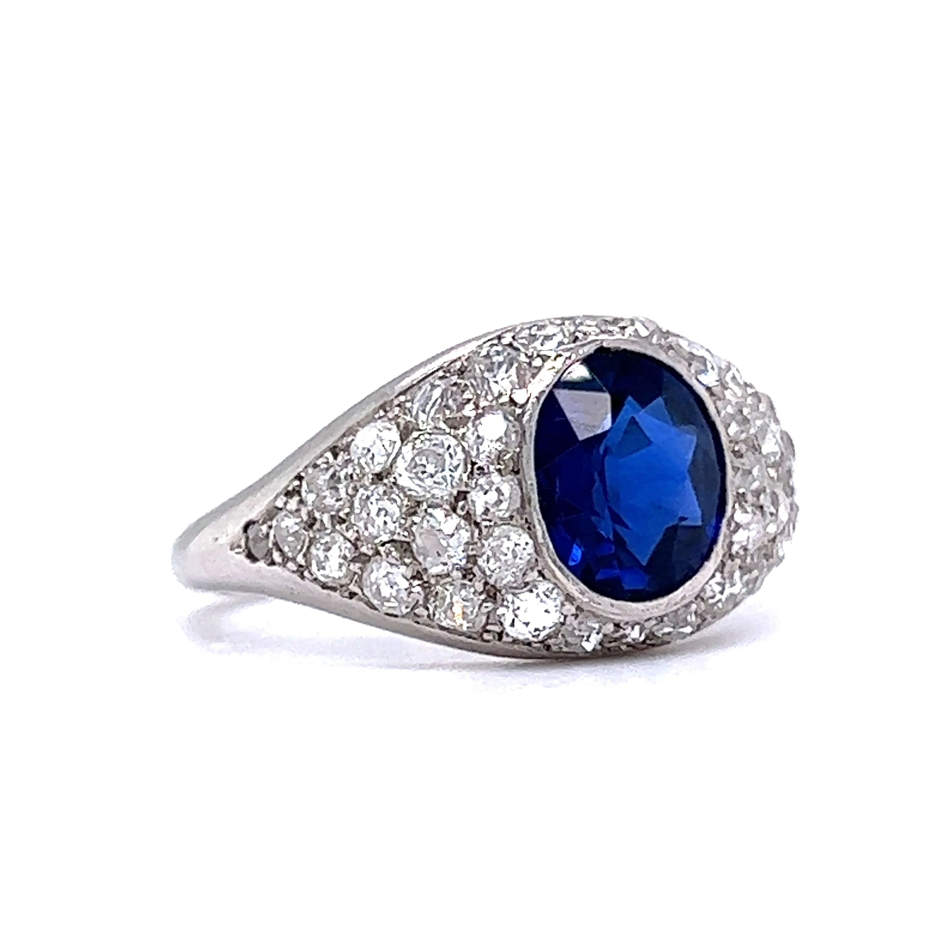 Art Deco Bezel Set Sapphire & Diamond Engagement Ring in Platinum - Image 3