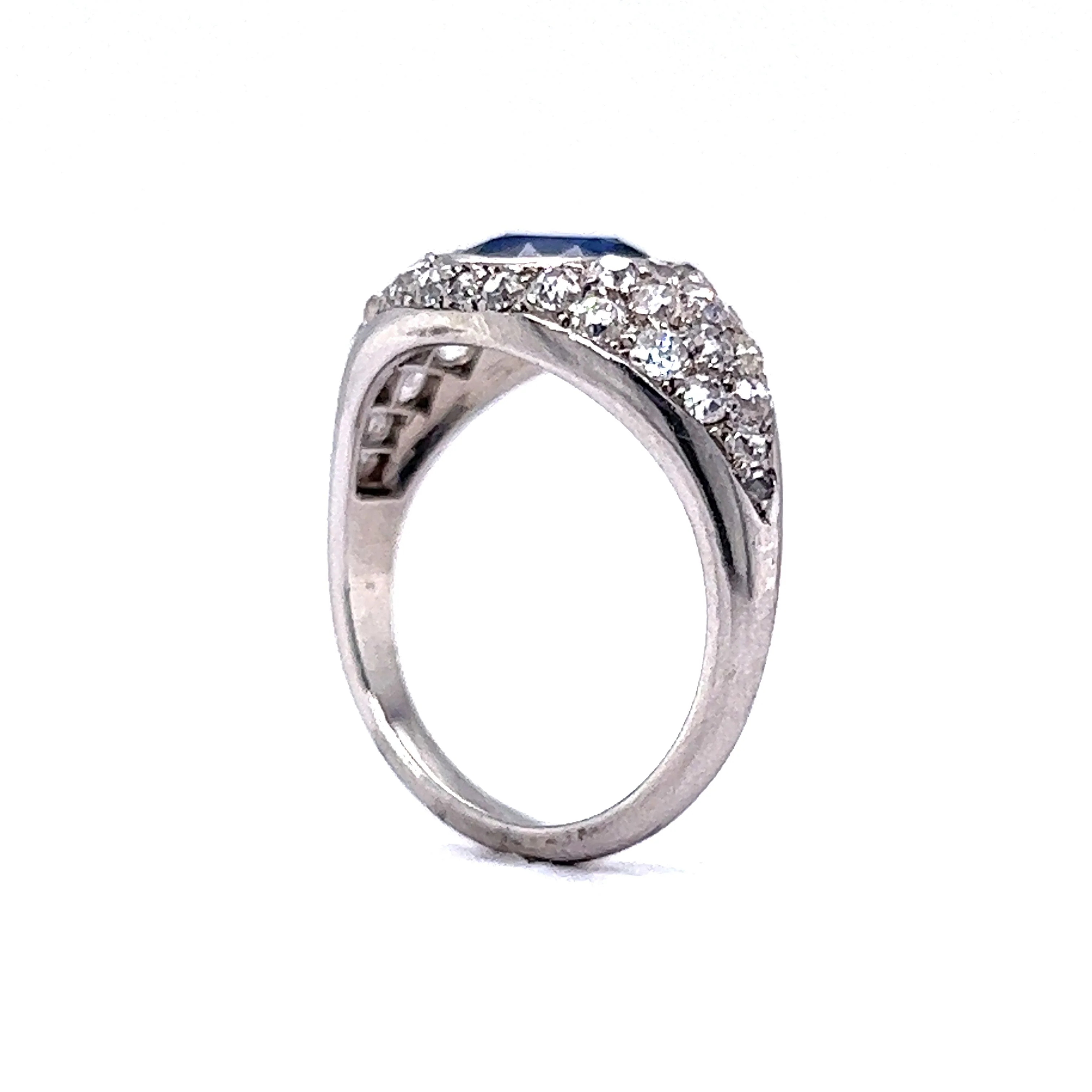 Art Deco Bezel Set Sapphire & Diamond Engagement Ring in Platinum - Image 5
