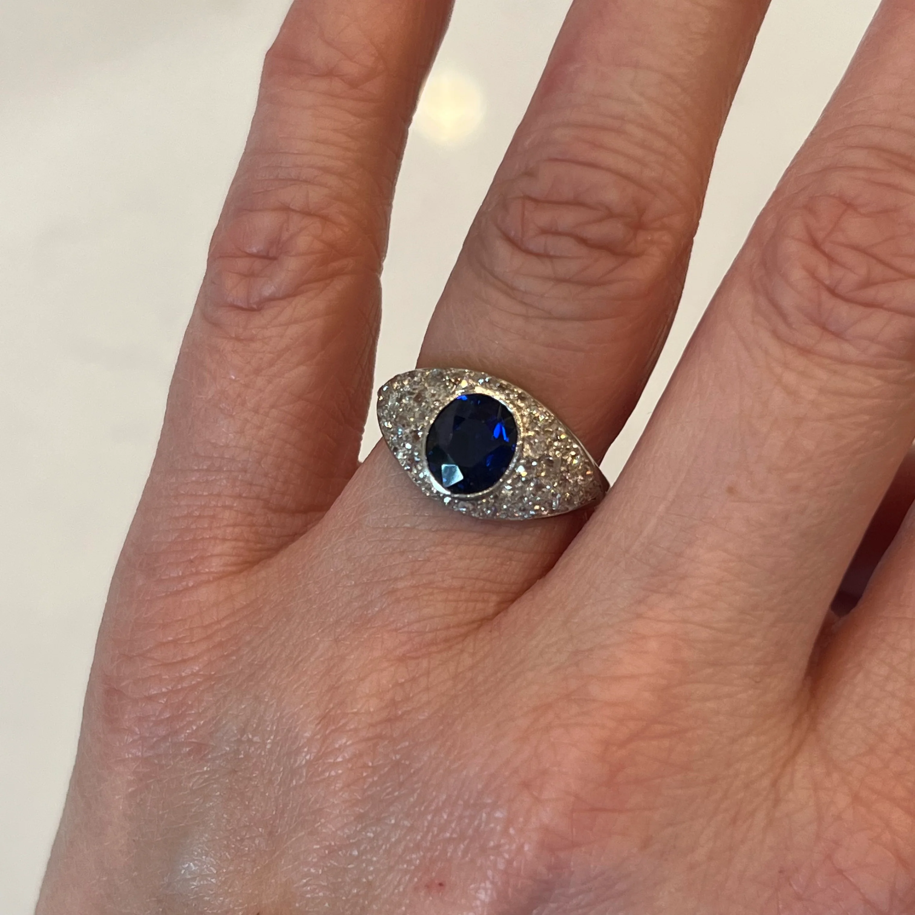 Art Deco Bezel Set Sapphire & Diamond Engagement Ring in Platinum - Image 6