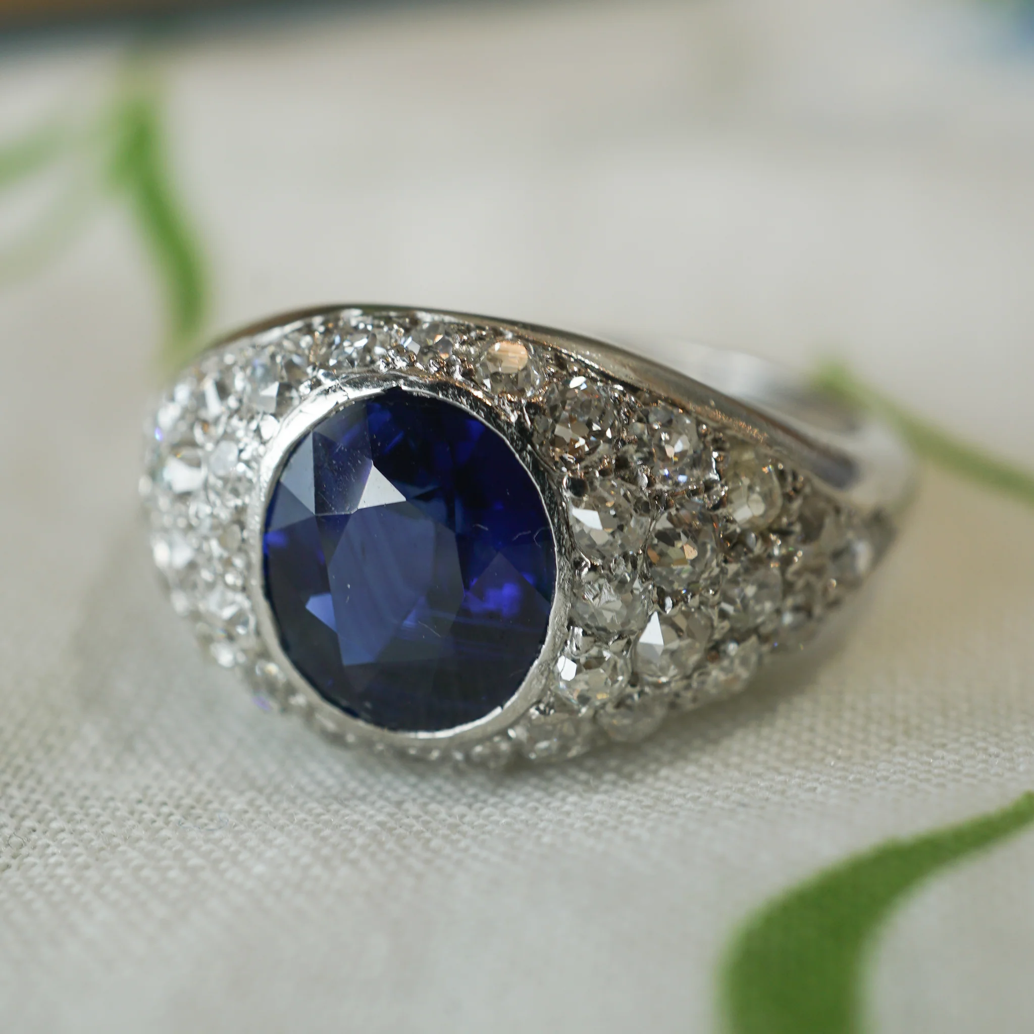 Art Deco Bezel Set Sapphire & Diamond Engagement Ring in Platinum - Image 7