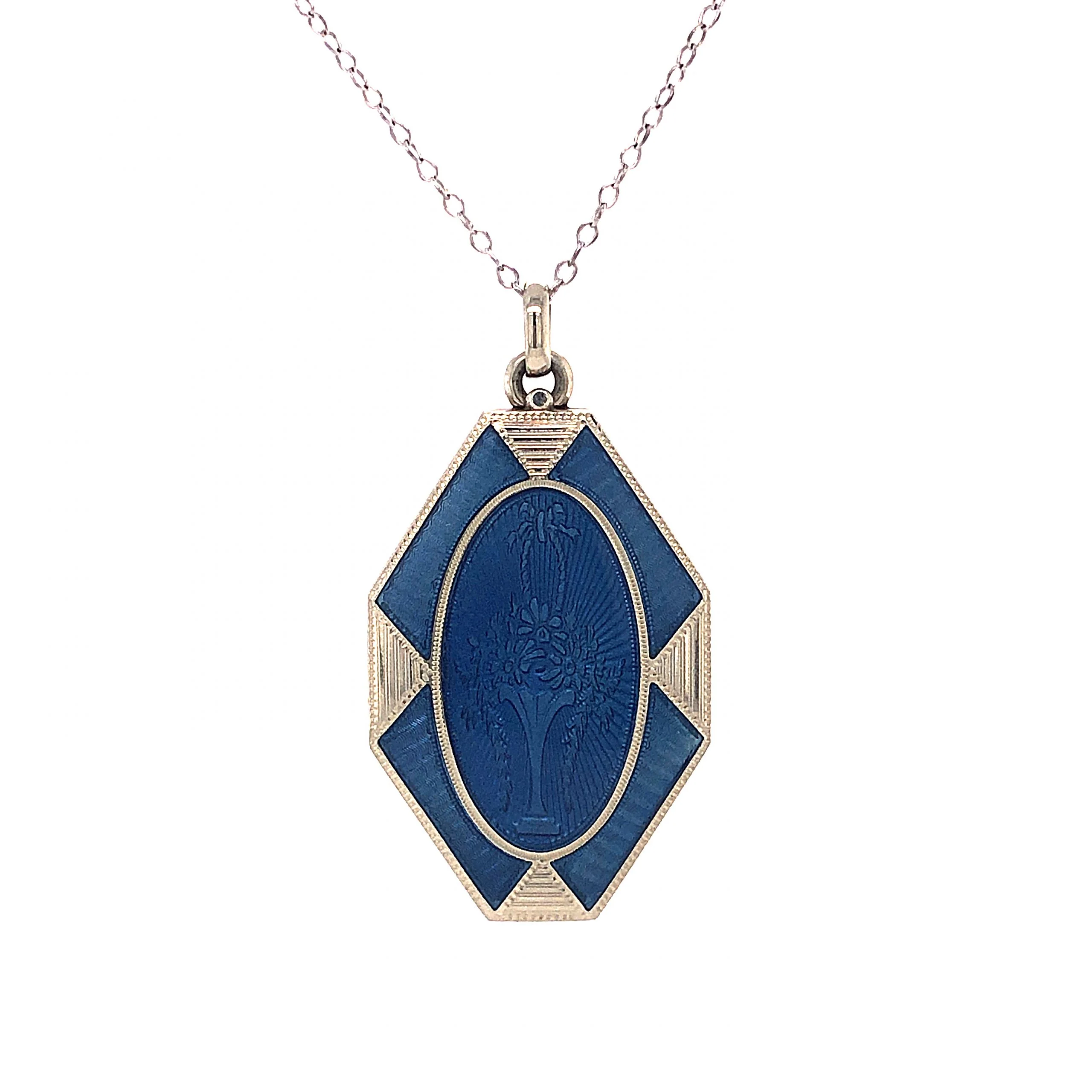 Art Deco Blue Enamel Locket Necklace in 18k White Gold - Image 2