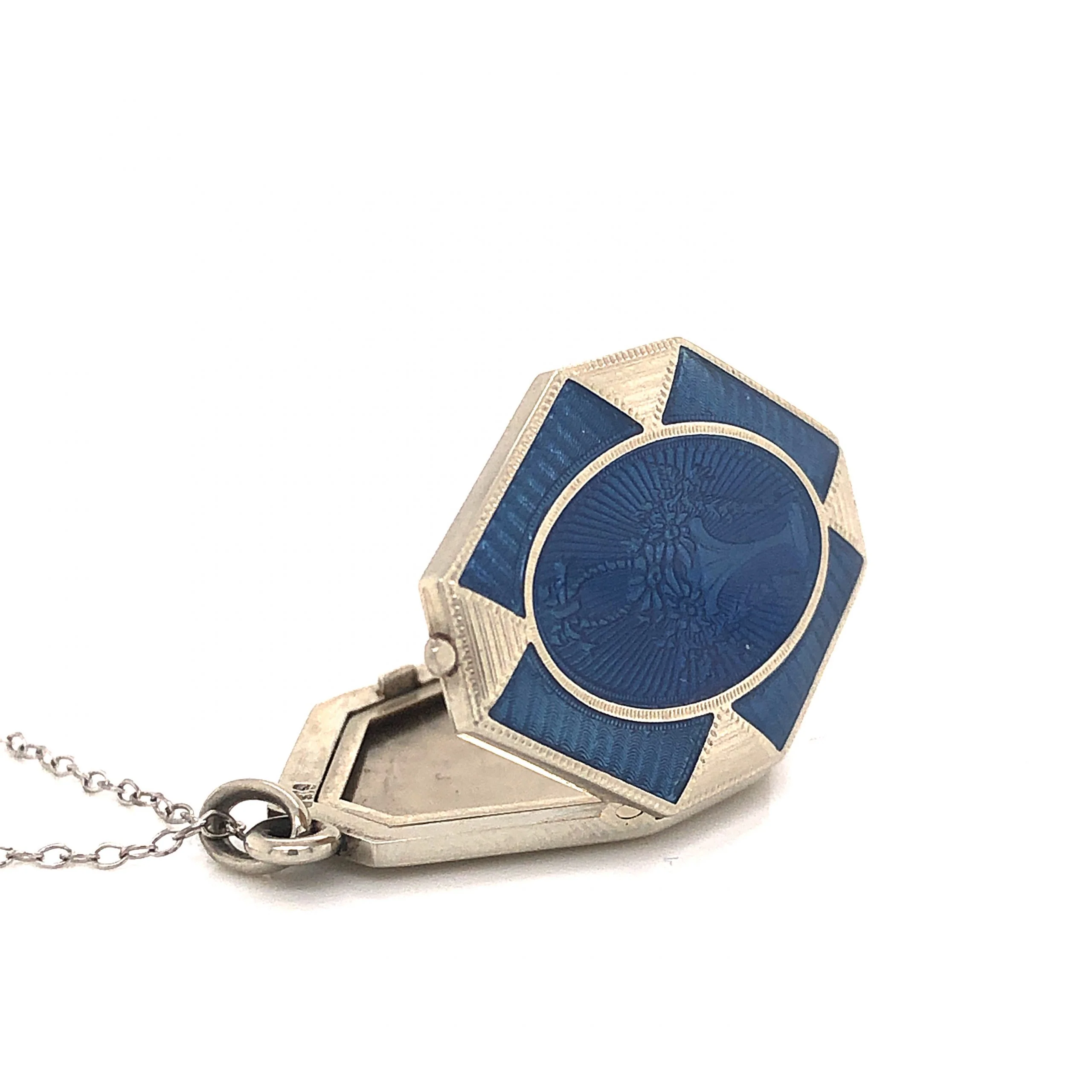 Art Deco Blue Enamel Locket Necklace in 18k White Gold - Image 5