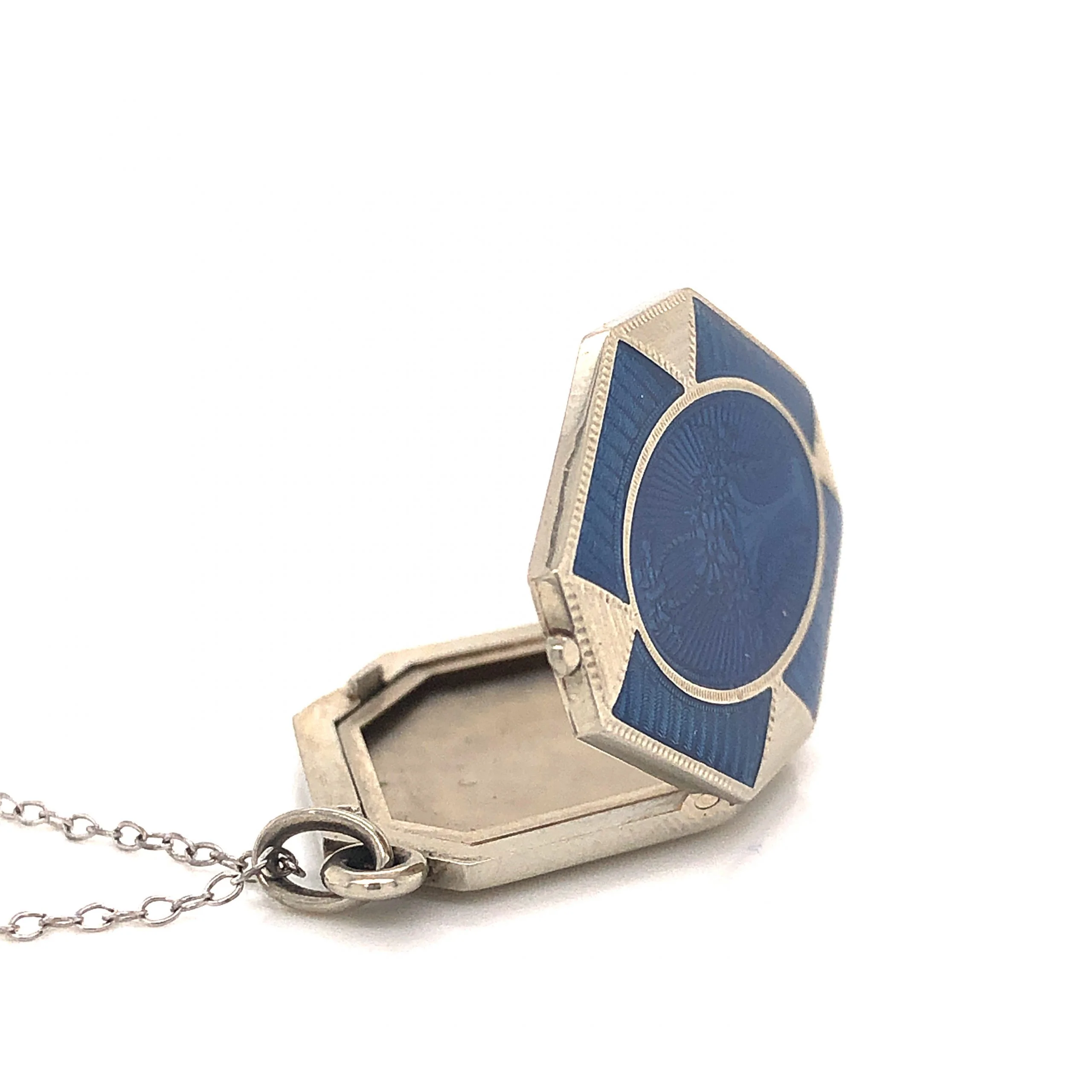 Art Deco Blue Enamel Locket Necklace in 18k White Gold - Image 6
