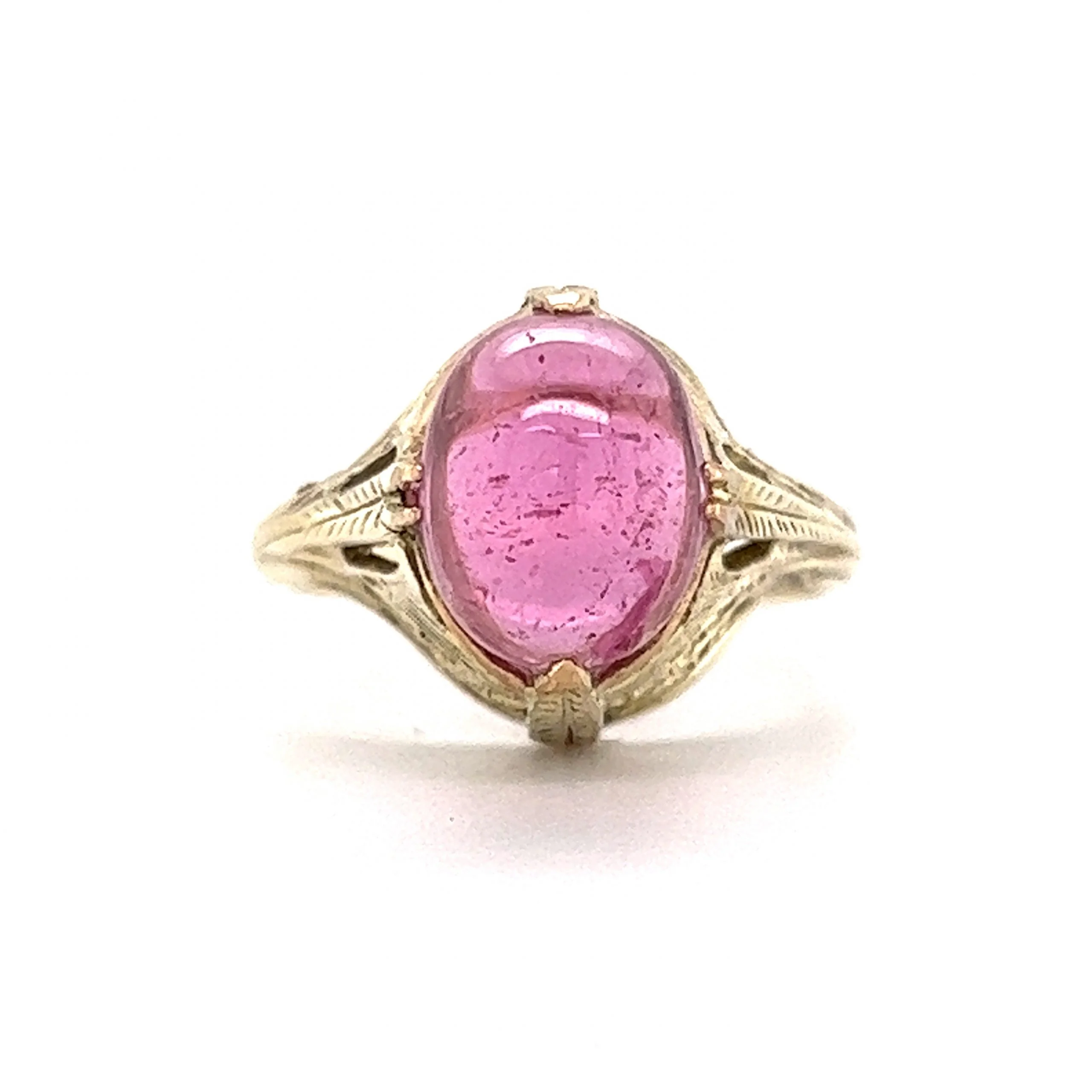 Art Deco Cabochon Cut Pink Tourmaline Ring in 14k Yellow Gold