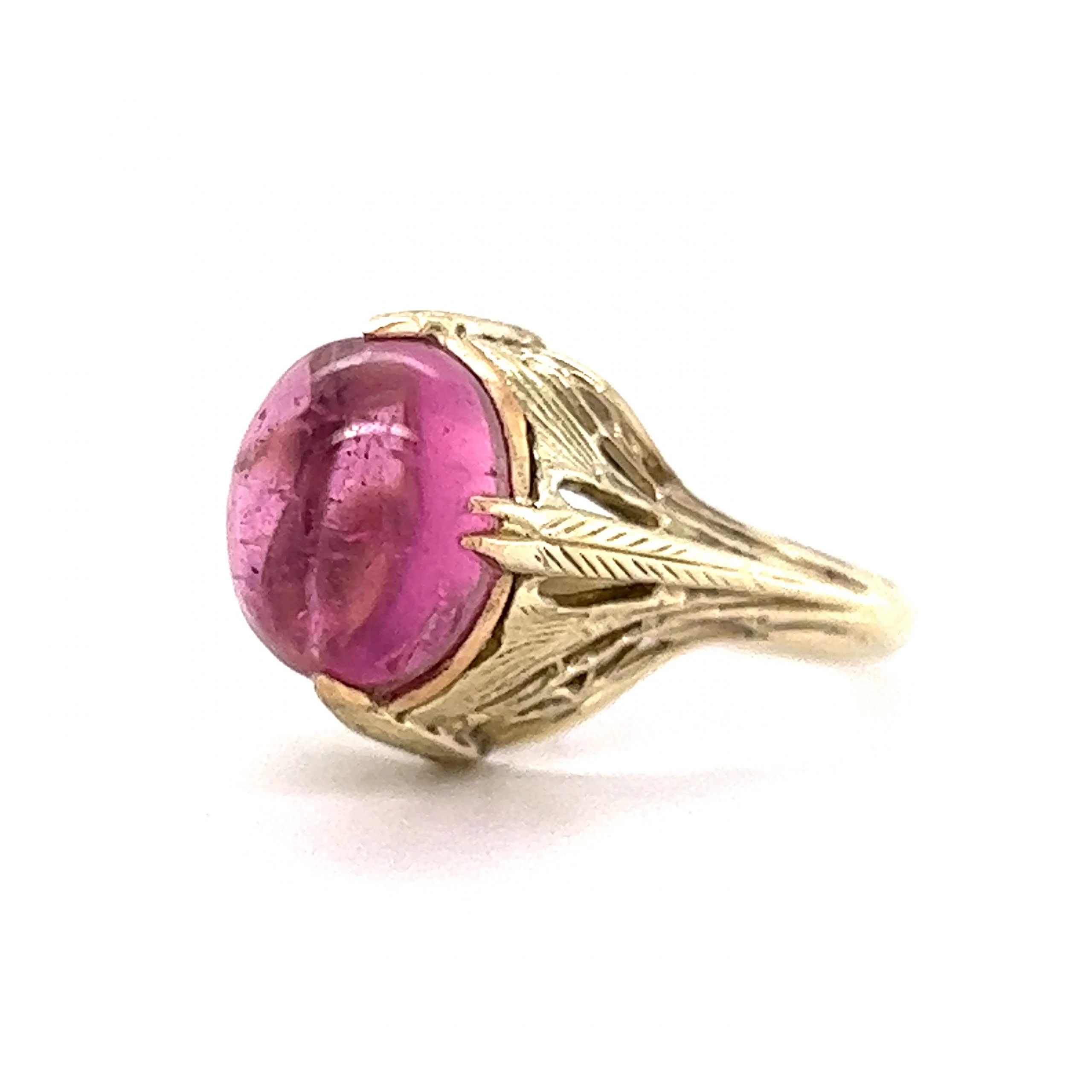 Art Deco Cabochon Cut Pink Tourmaline Ring in 14k Yellow Gold - Image 2